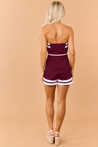 Burgundy Denim Contrast Trim Strapless Romper
