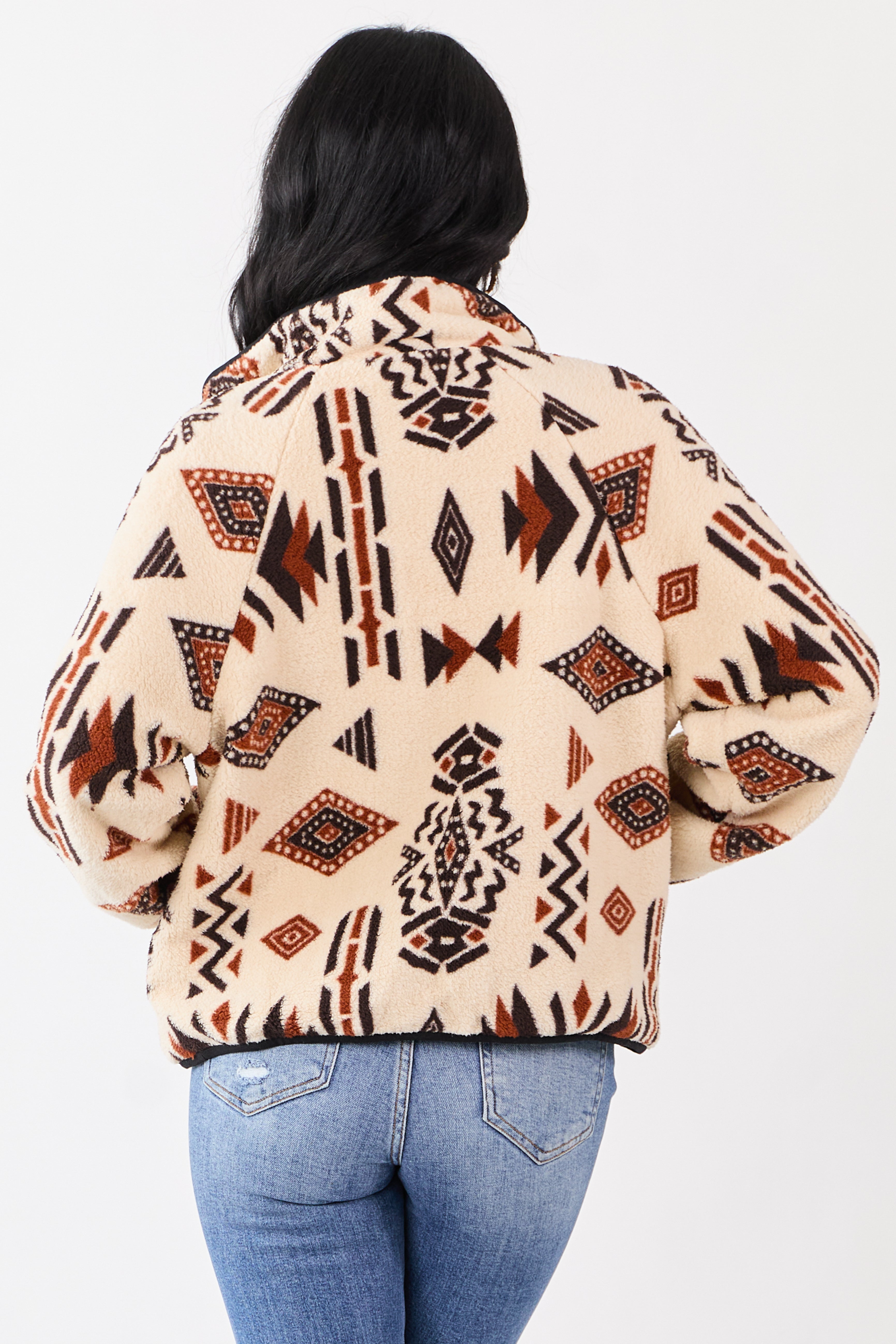 Almond Aztec Pattern Zip Up Sherpa Jacket