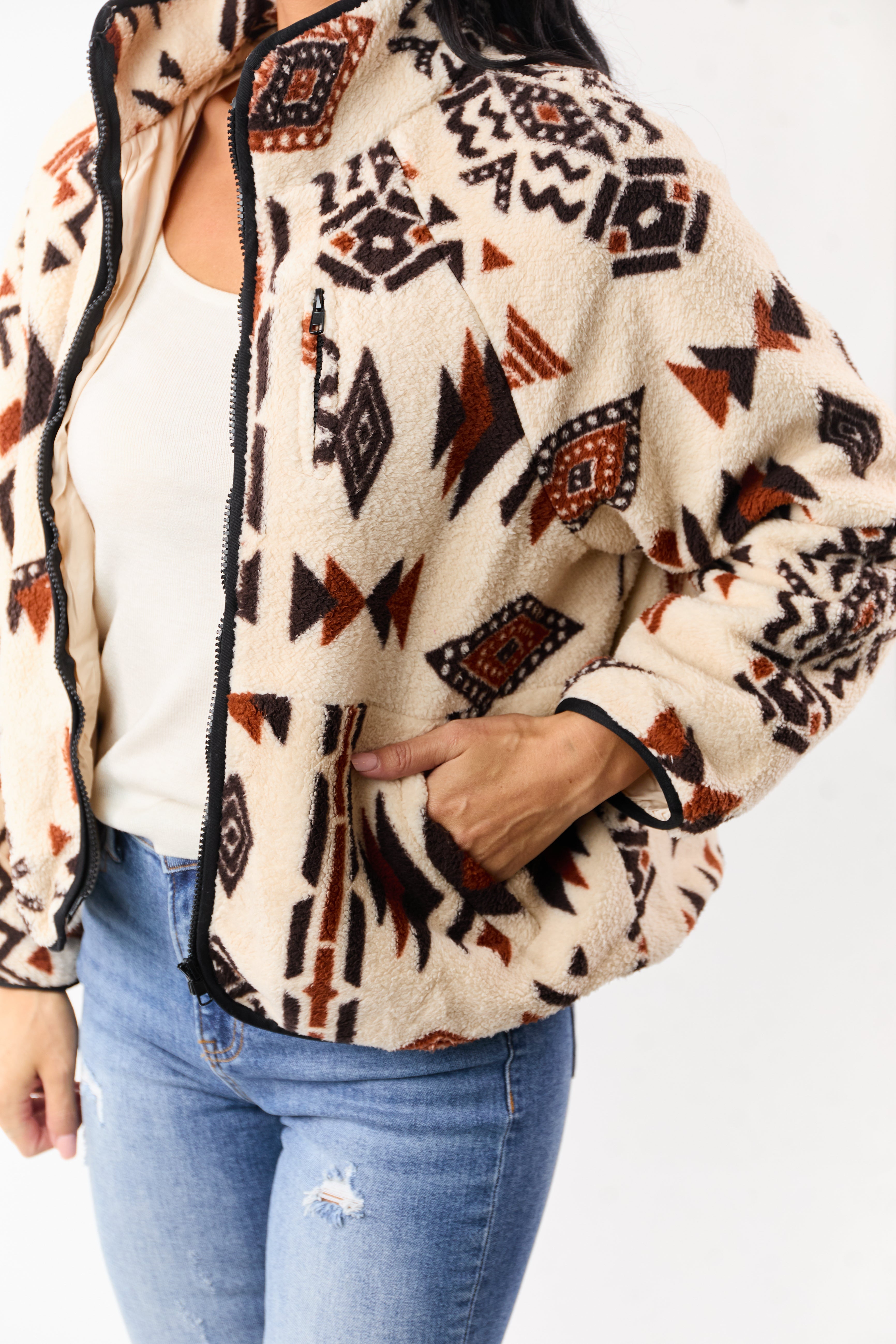 Almond Aztec Pattern Zip Up Sherpa Jacket | Lime Lush Boutique