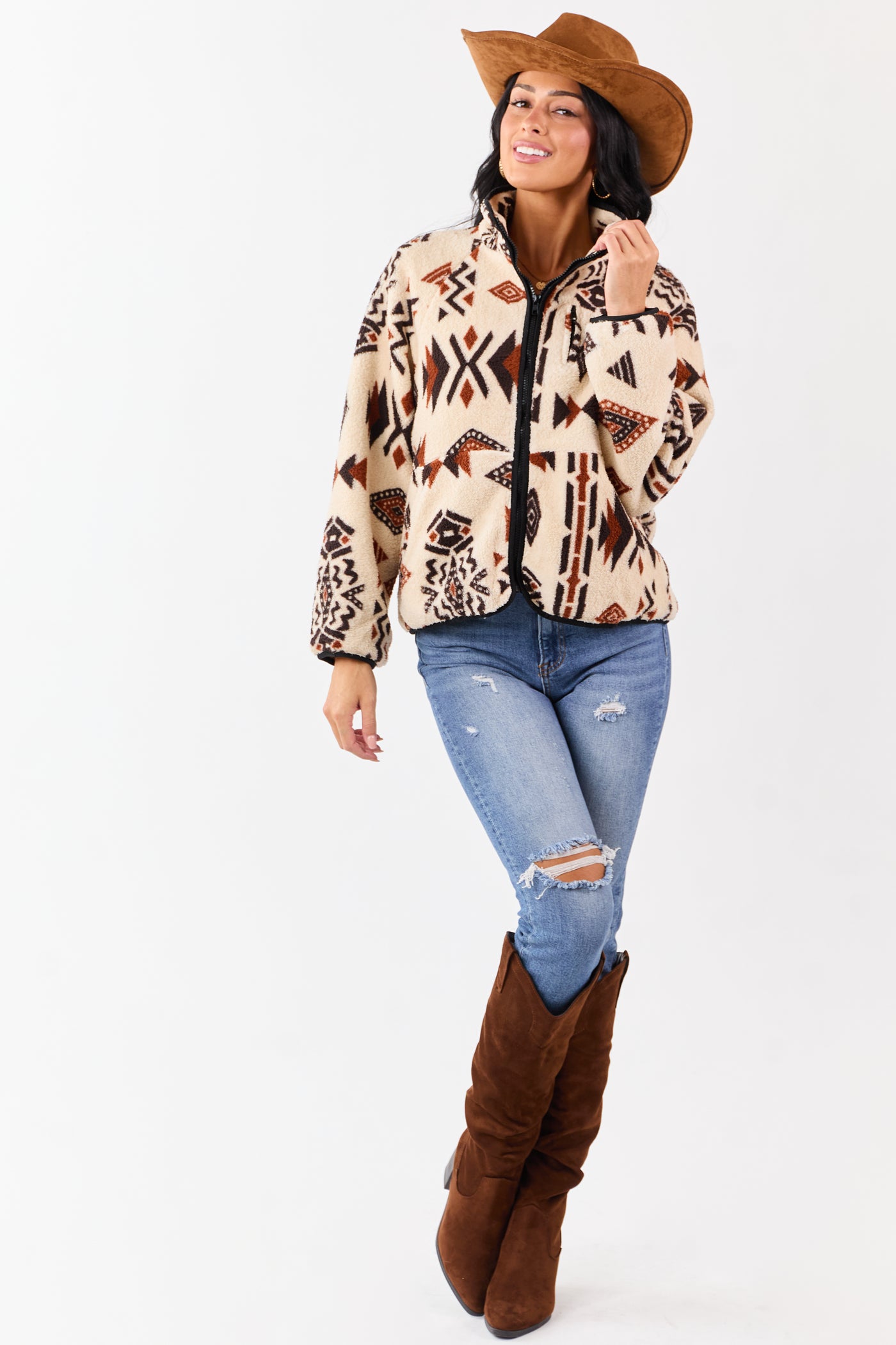 Almond Aztec Pattern Zip Up Sherpa Jacket