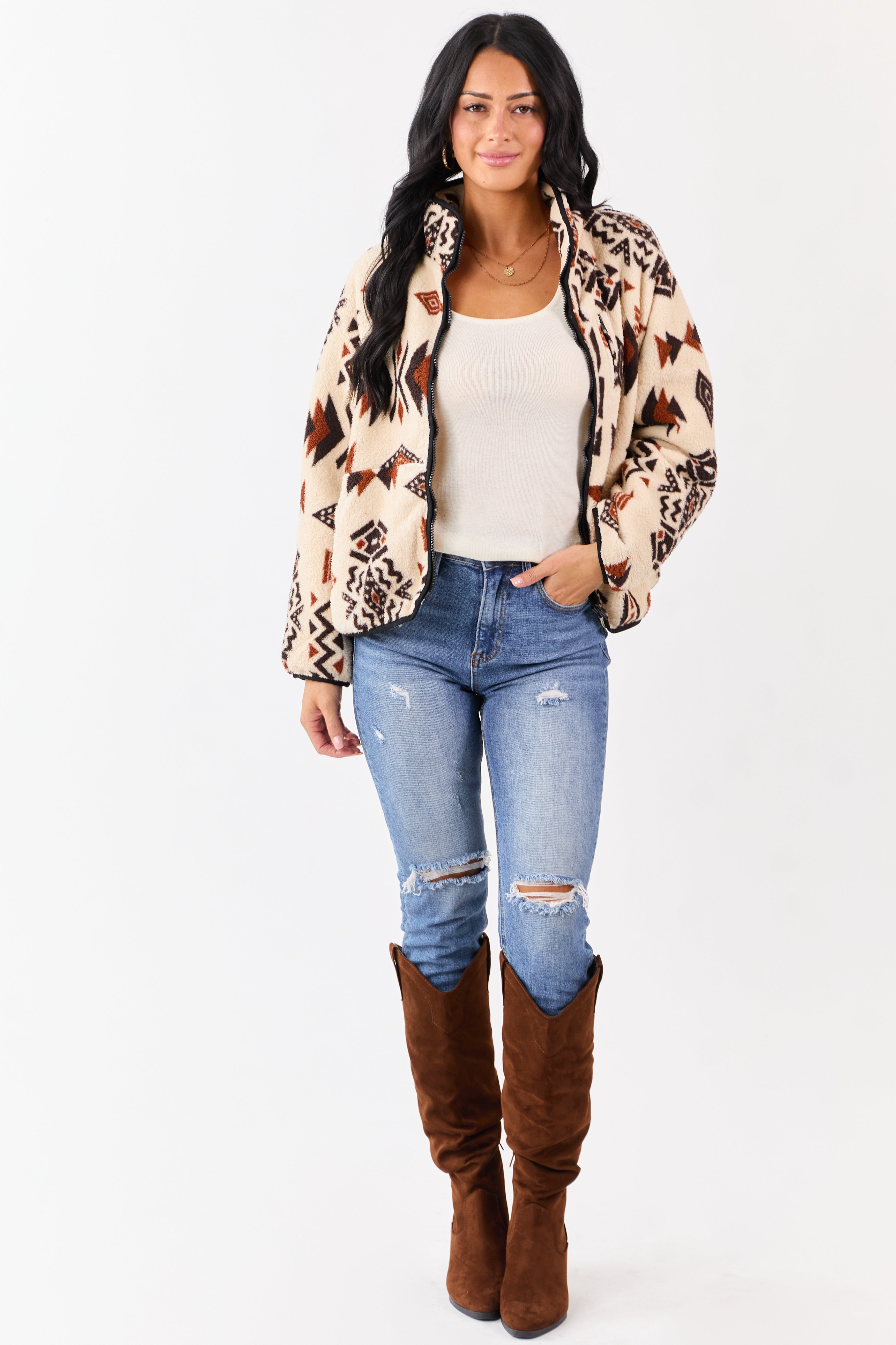 Almond Aztec Pattern Zip Up Sherpa Jacket | Lime Lush Boutique