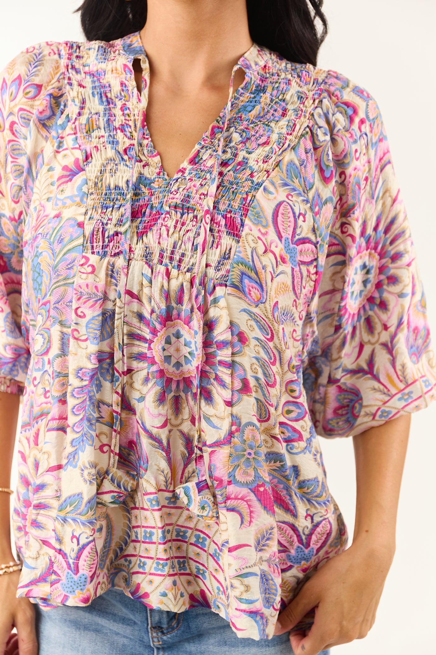 Almond Boho Scarf Print Relaxed Half Sleeve Top