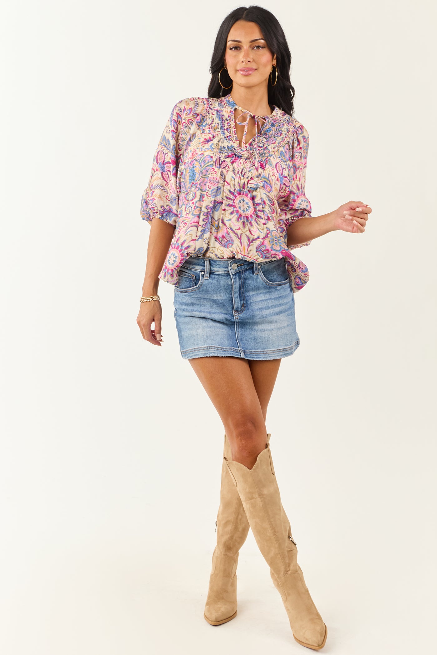 Almond Boho Scarf Print Relaxed Half Sleeve Top