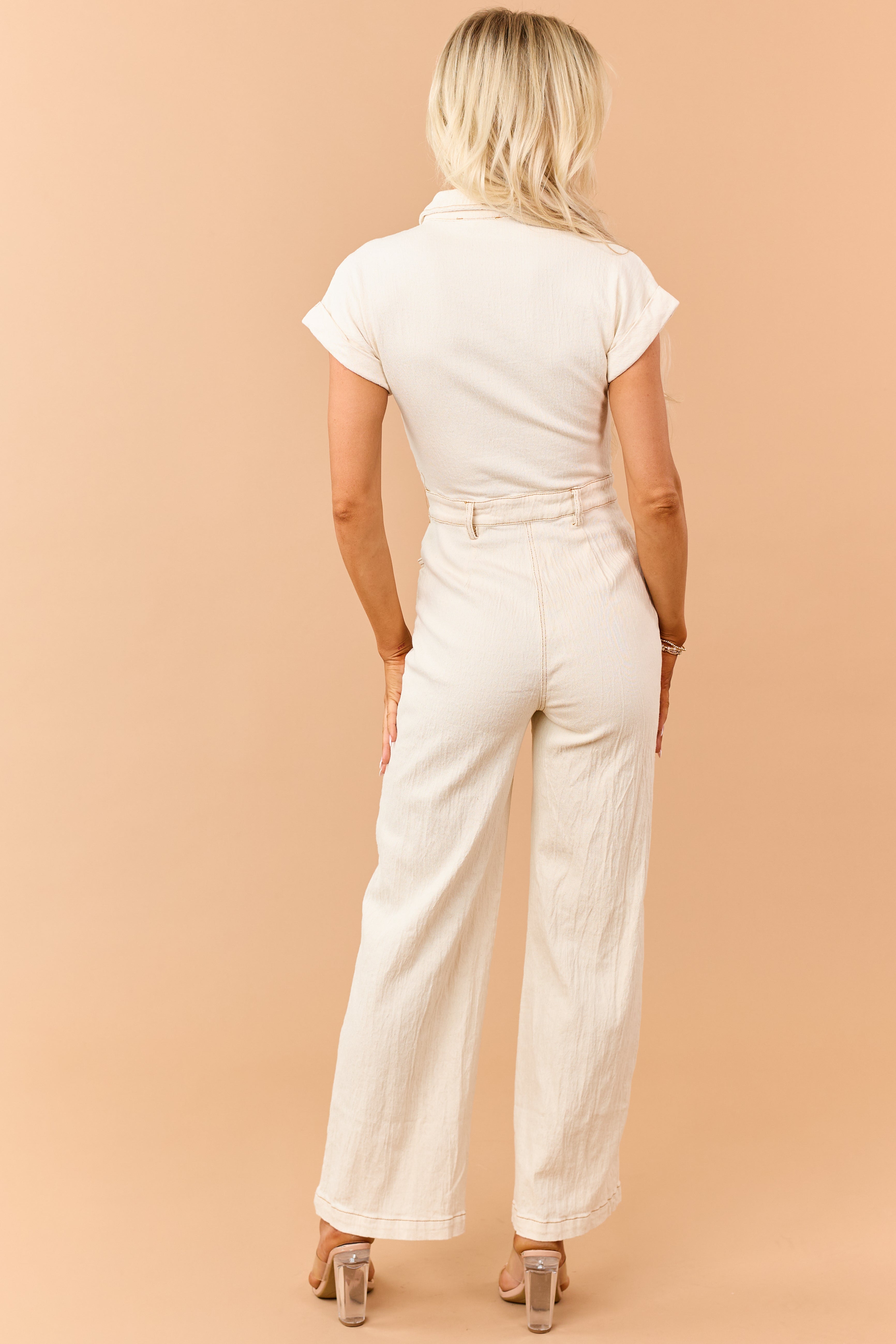 Almond Button Down Short Sleeve Denim Jumpsuit