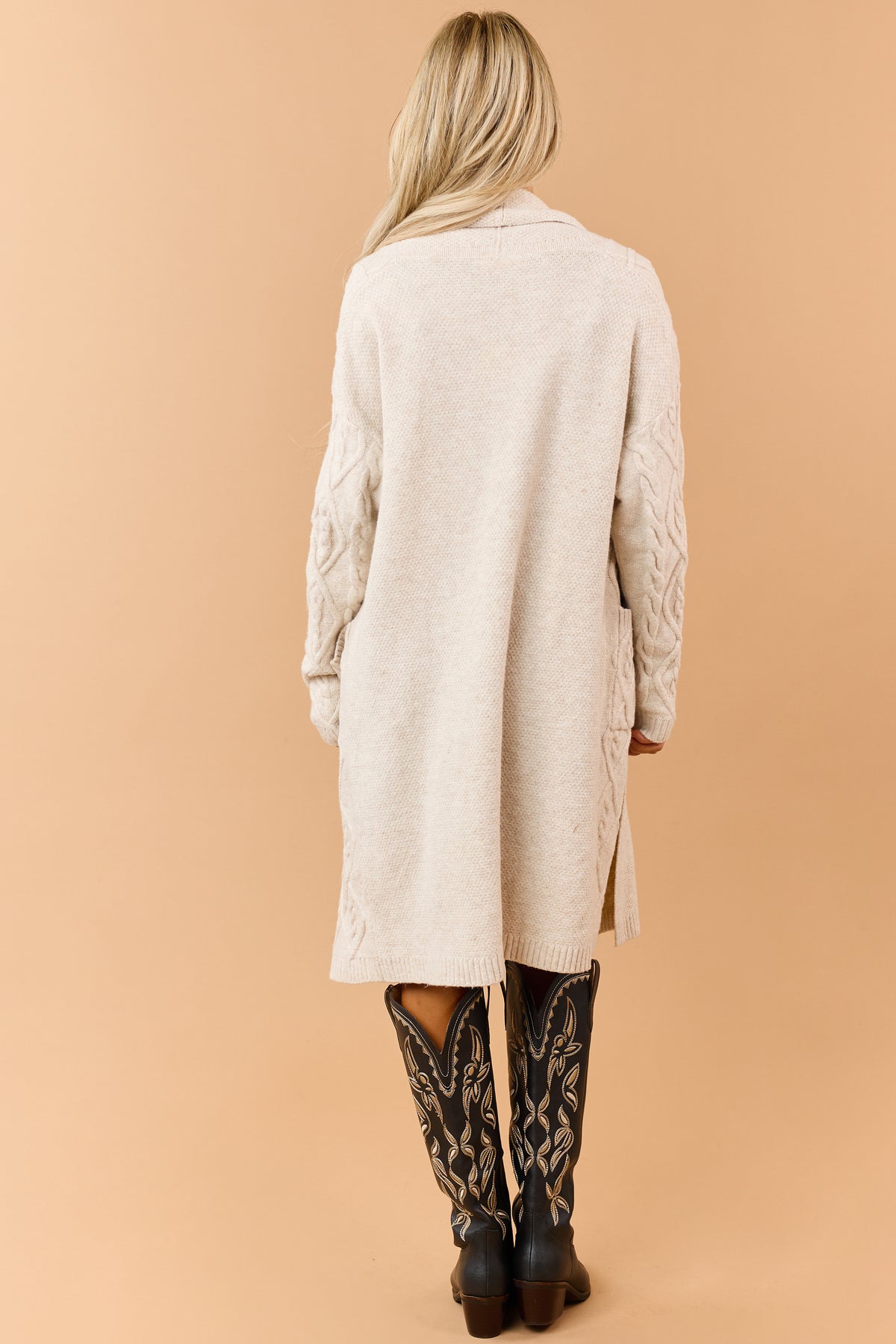 Almond Cable Knit Longline Open Front Cardigan