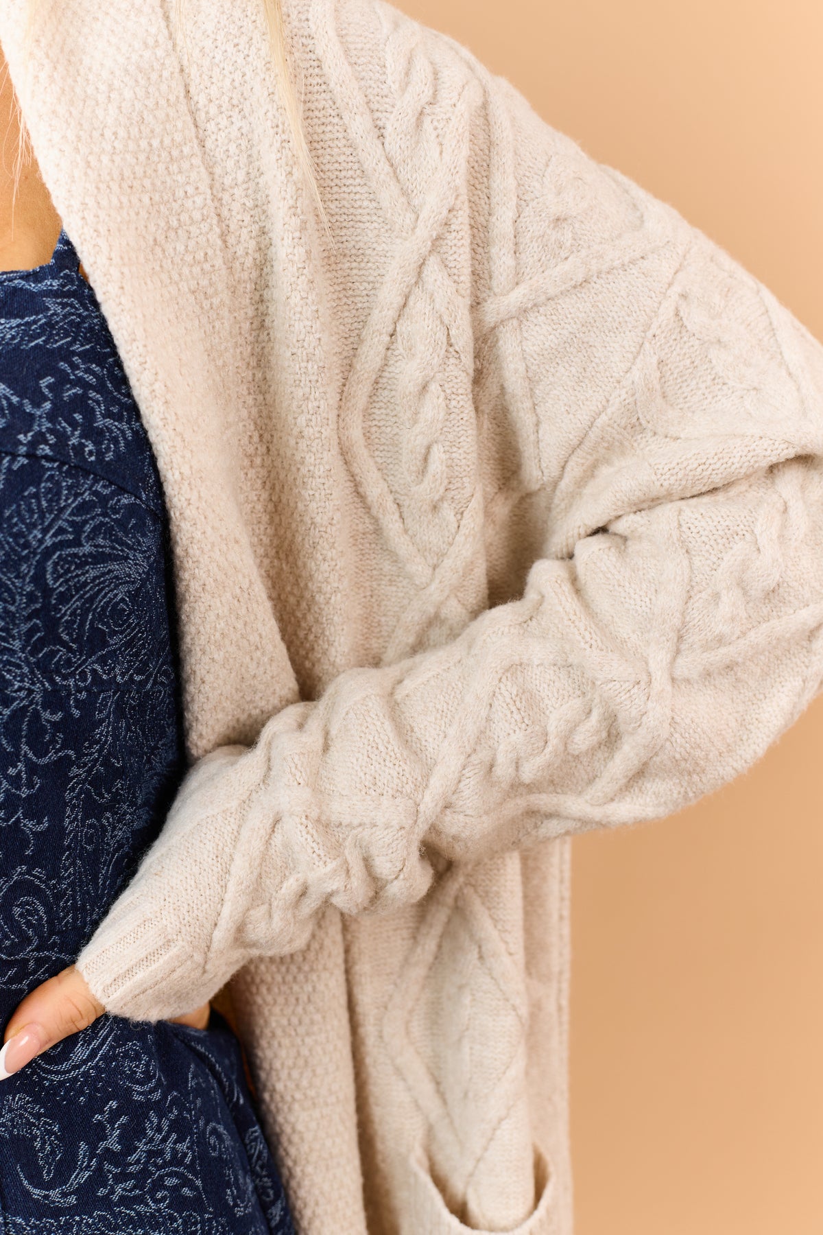 Almond Cable Knit Longline Open Front Cardigan