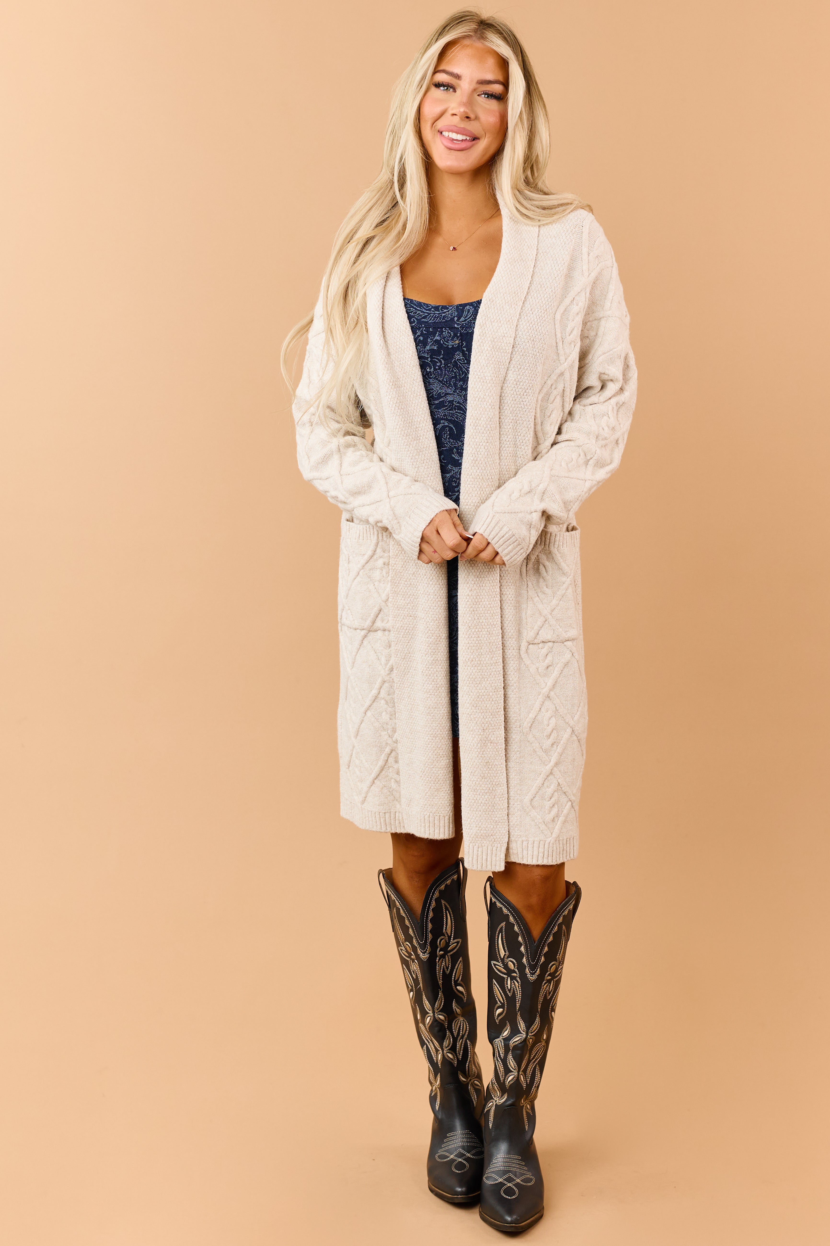 Almond Cable Knit Longline Open Front Cardigan | Lime Lush Boutique