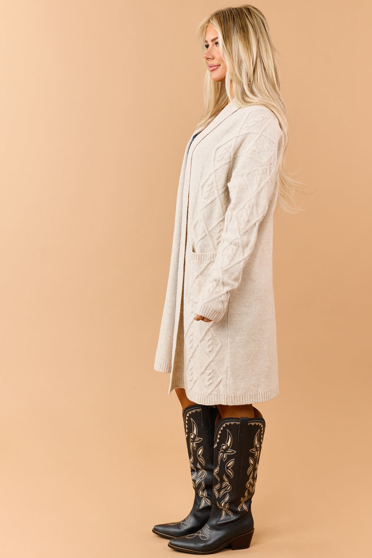 Almond Cable Knit Longline Open Front Cardigan