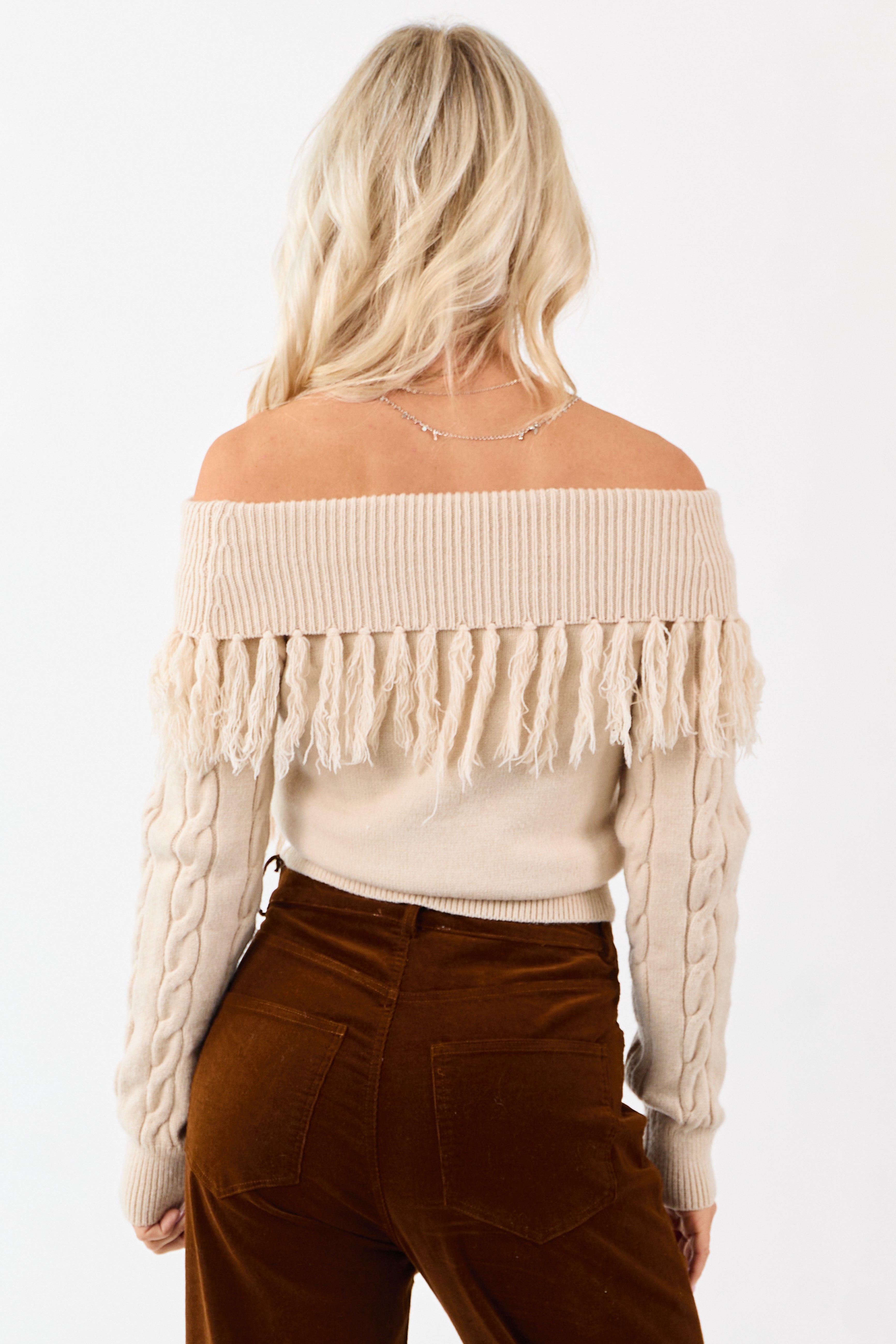 Almond Cable Knit Off Shoulder Tassel Sweater | Lime Lush Boutique