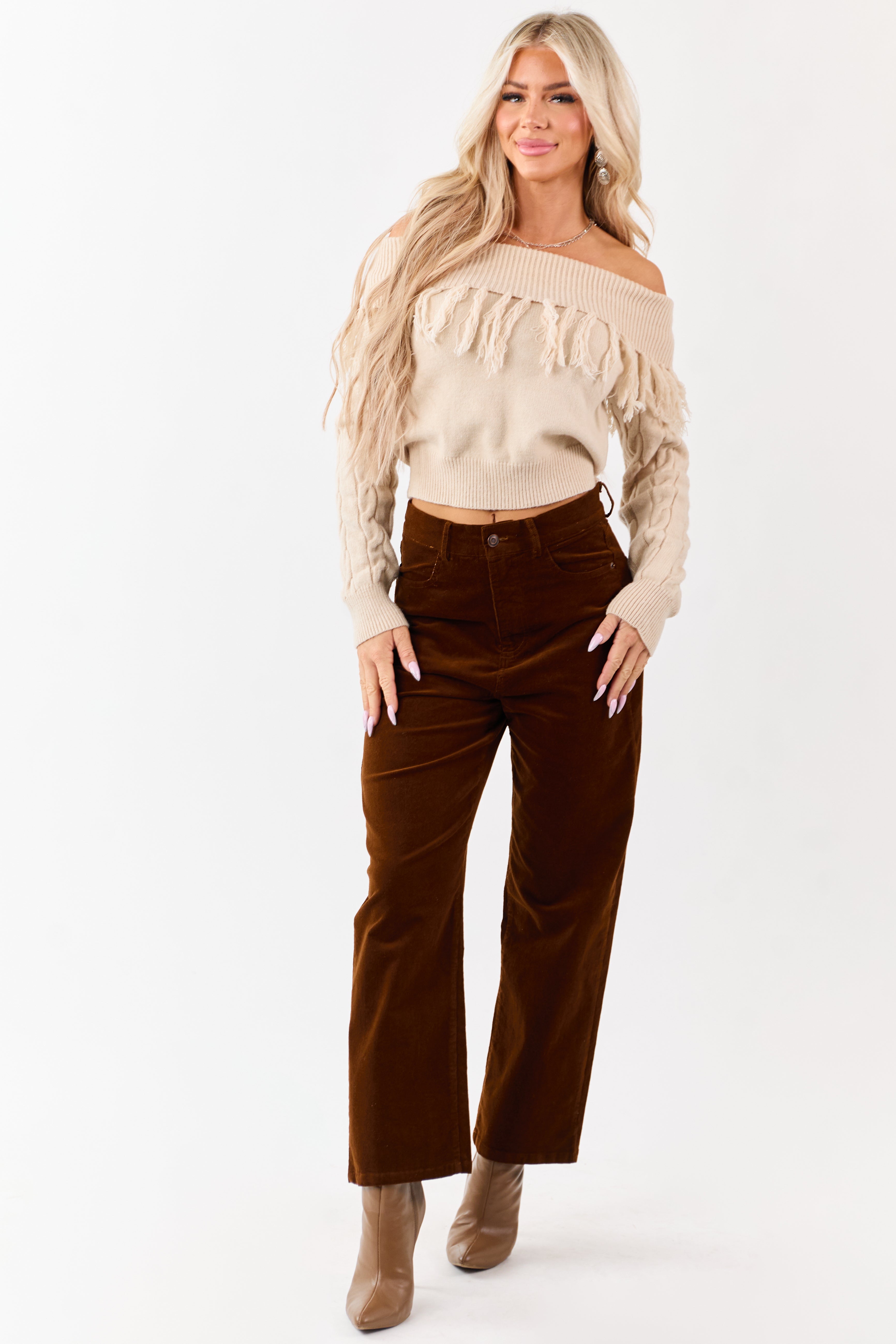 Almond Cable Knit Off Shoulder Tassel Sweater | Lime Lush Boutique