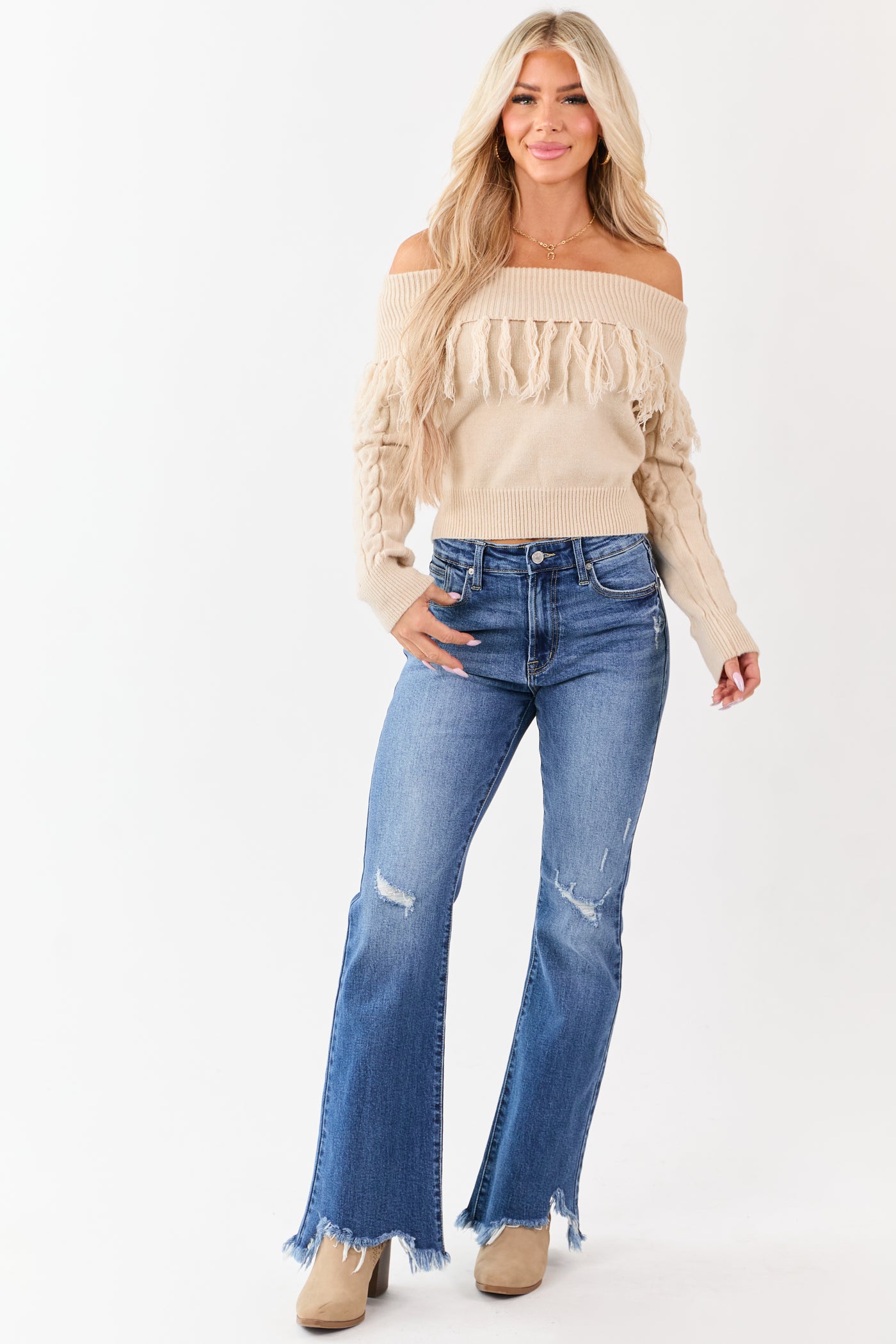 Almond Cable Knit Off Shoulder Tassel Sweater