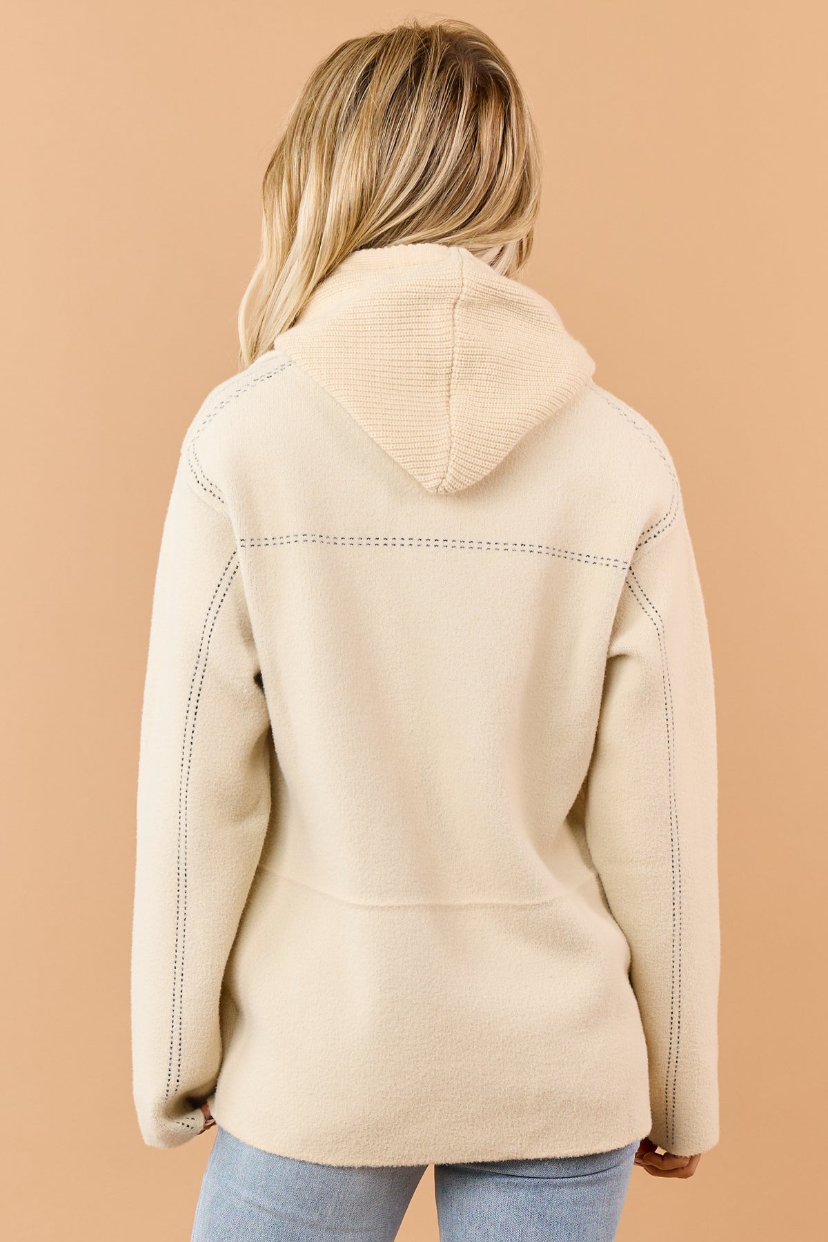 Almond Contrast Stitch Double Closure Hooded Coat