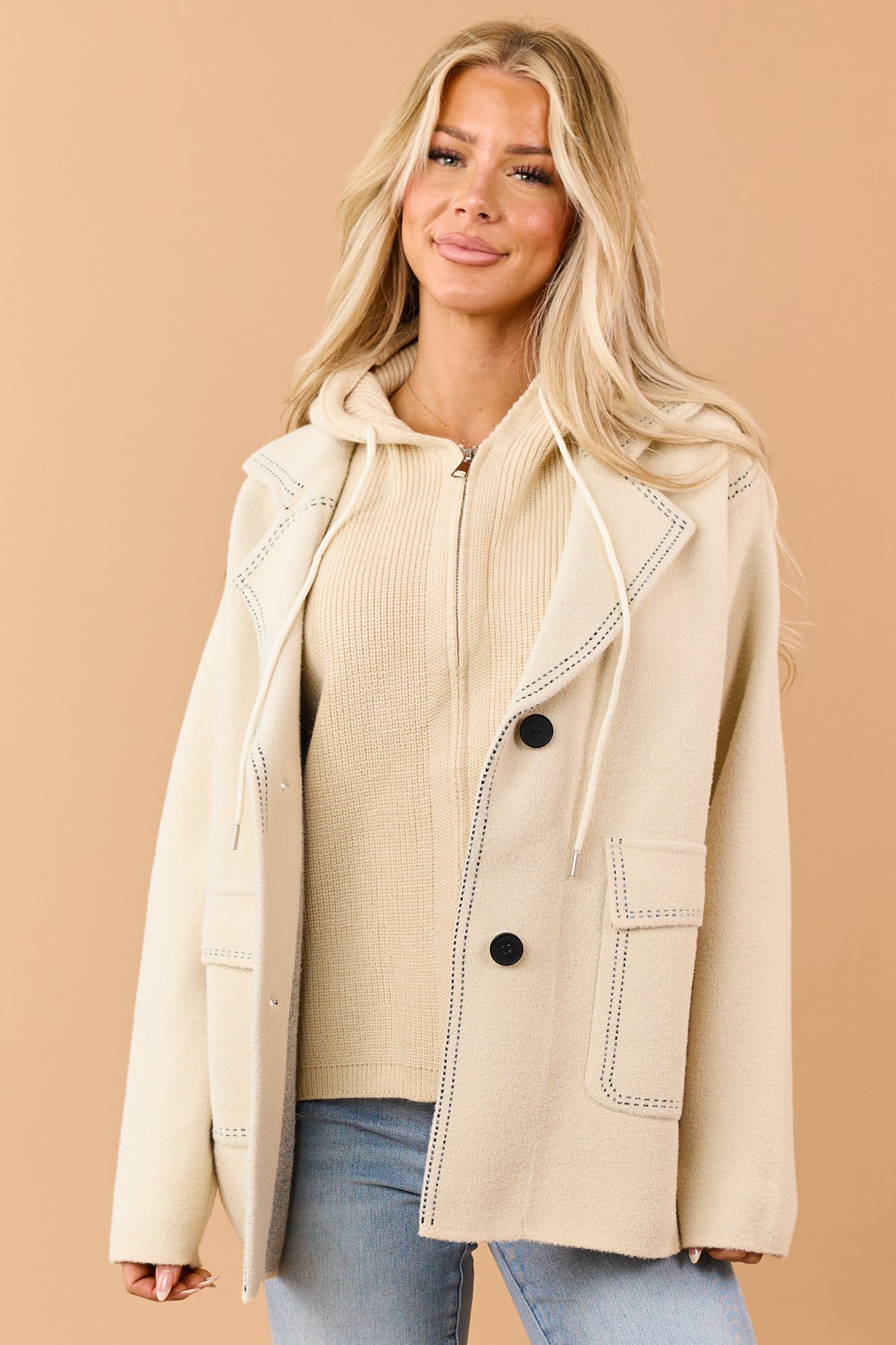 Almond Contrast Stitch Double Closure Hooded Coat