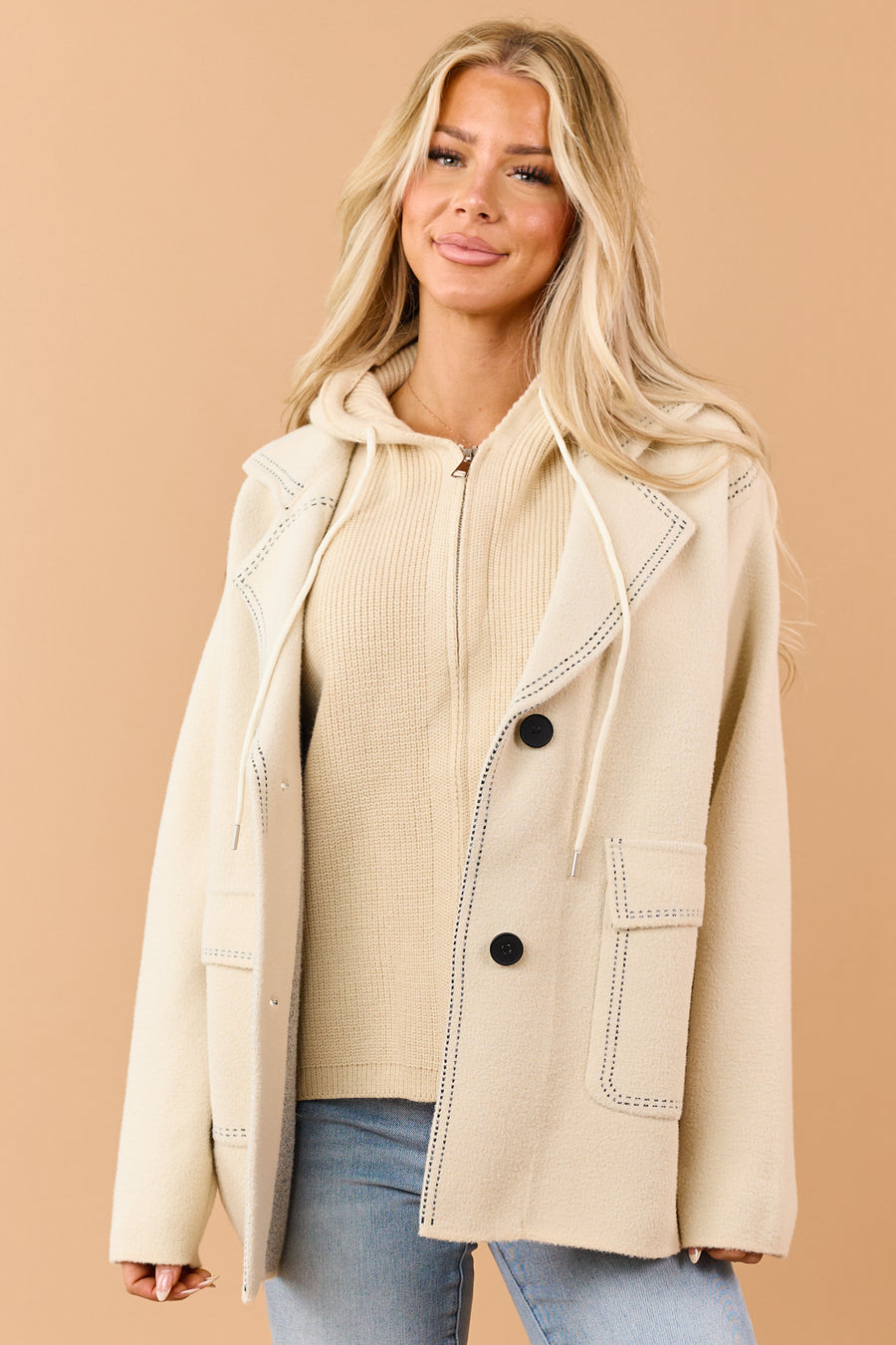 Almond Contrast Stitch Double Closure Hooded Coat