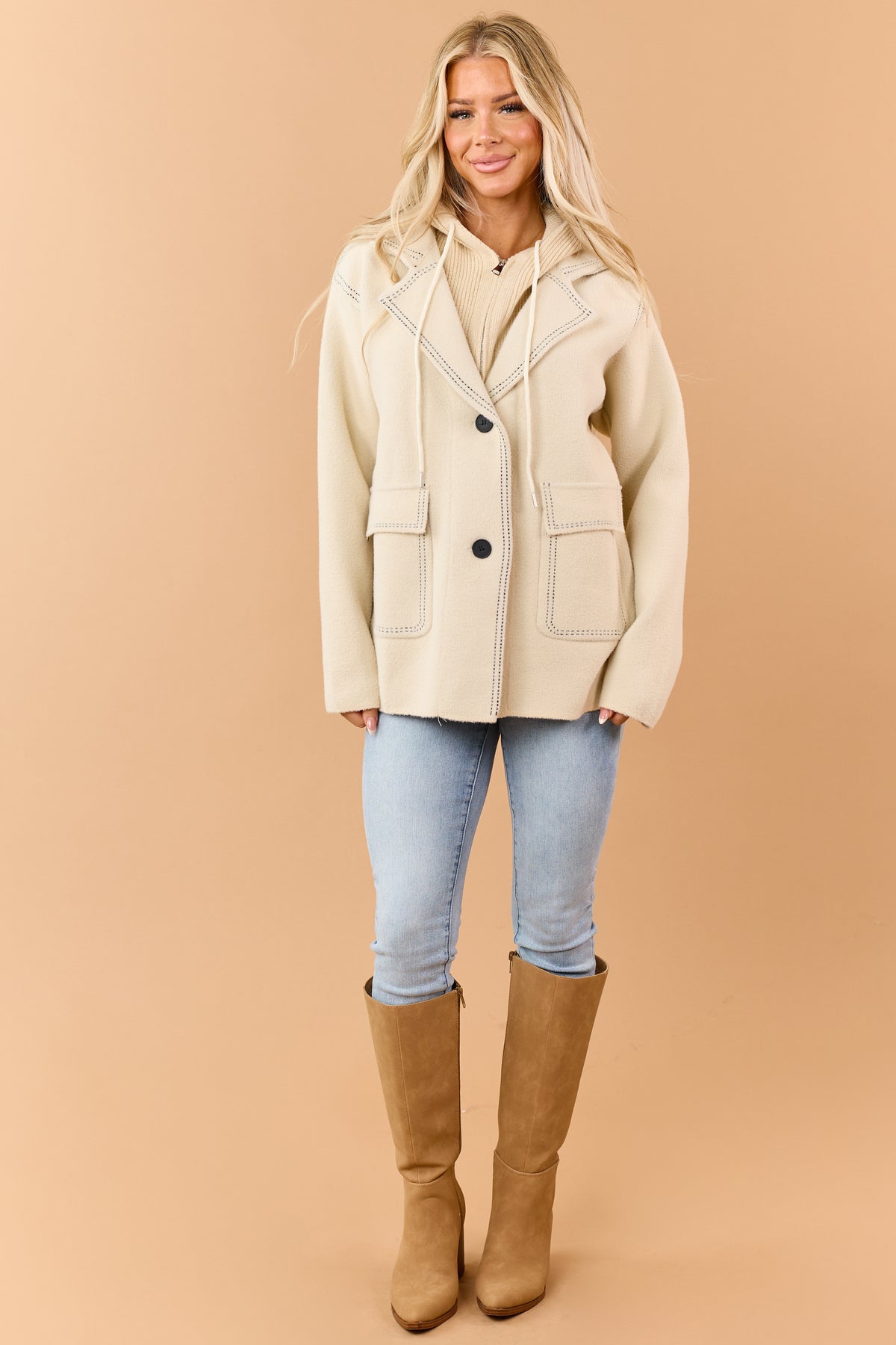 Almond Contrast Stitch Double Closure Hooded Coat