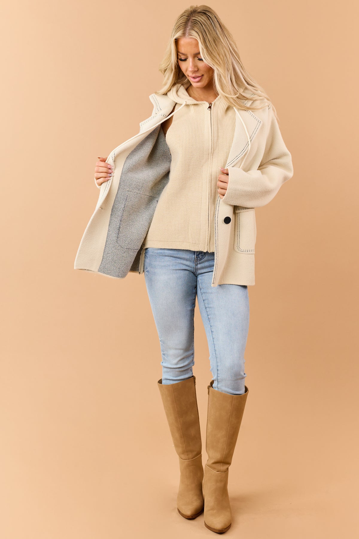 Almond Contrast Stitch Double Closure Hooded Coat