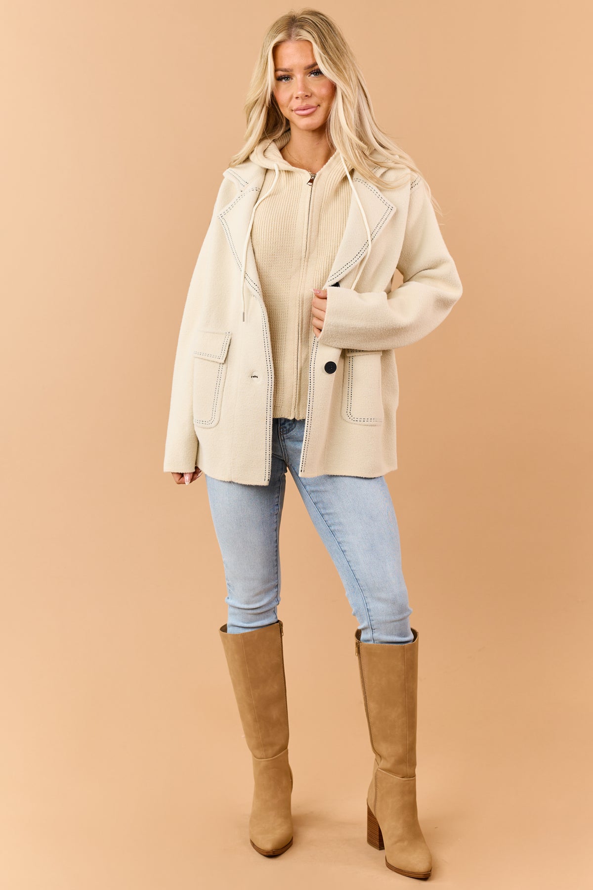 Almond Contrast Stitch Double Closure Hooded Coat