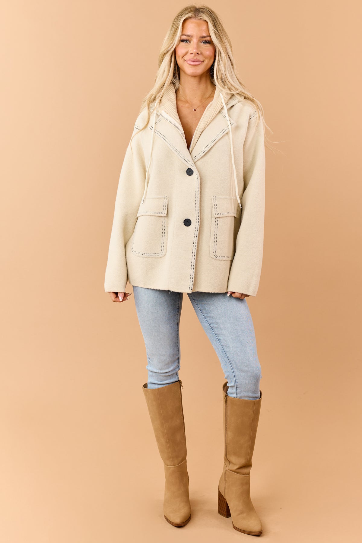 Almond Contrast Stitch Double Closure Hooded Coat