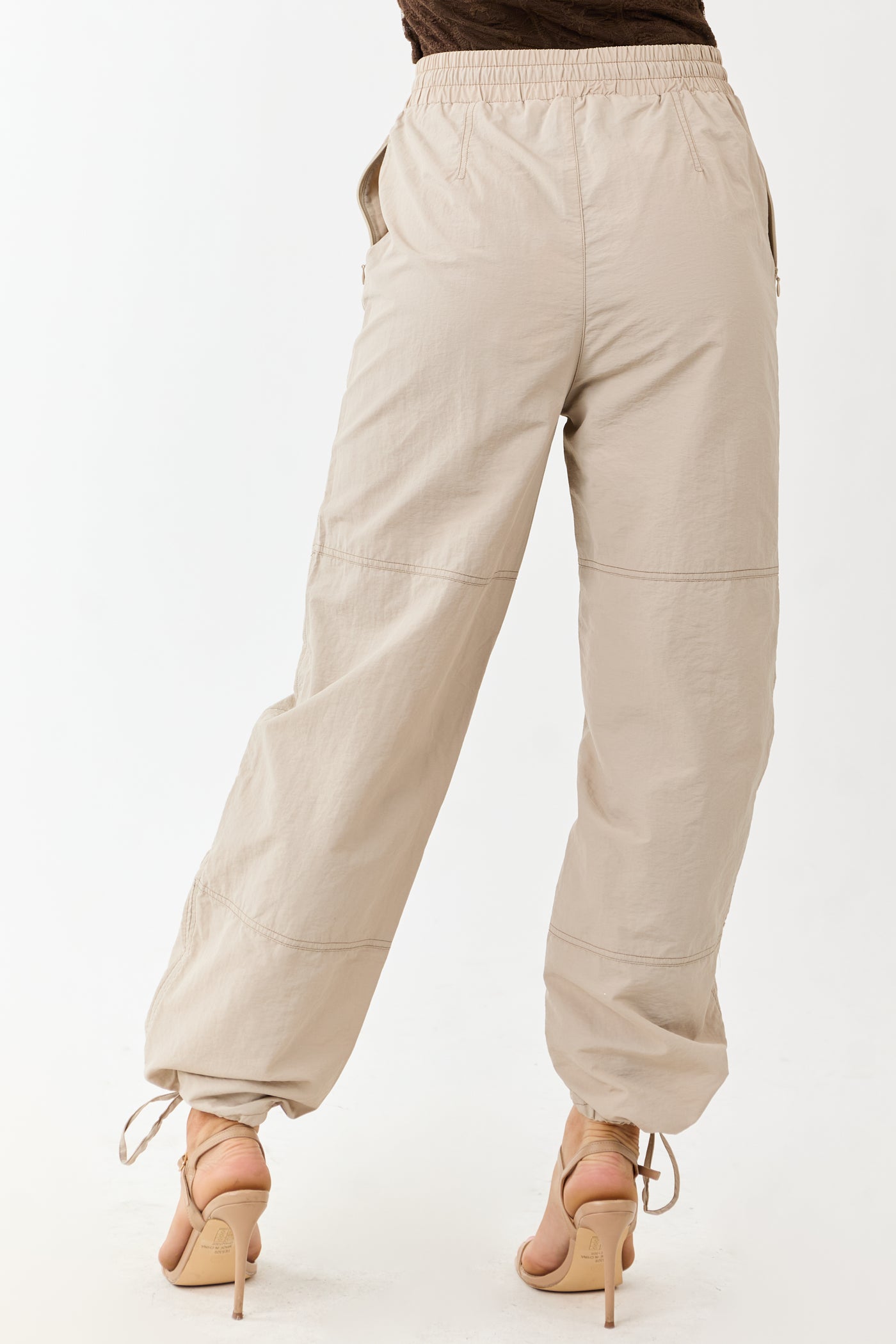 Almond Contrast Stitch Wide Leg Drawstring Pants