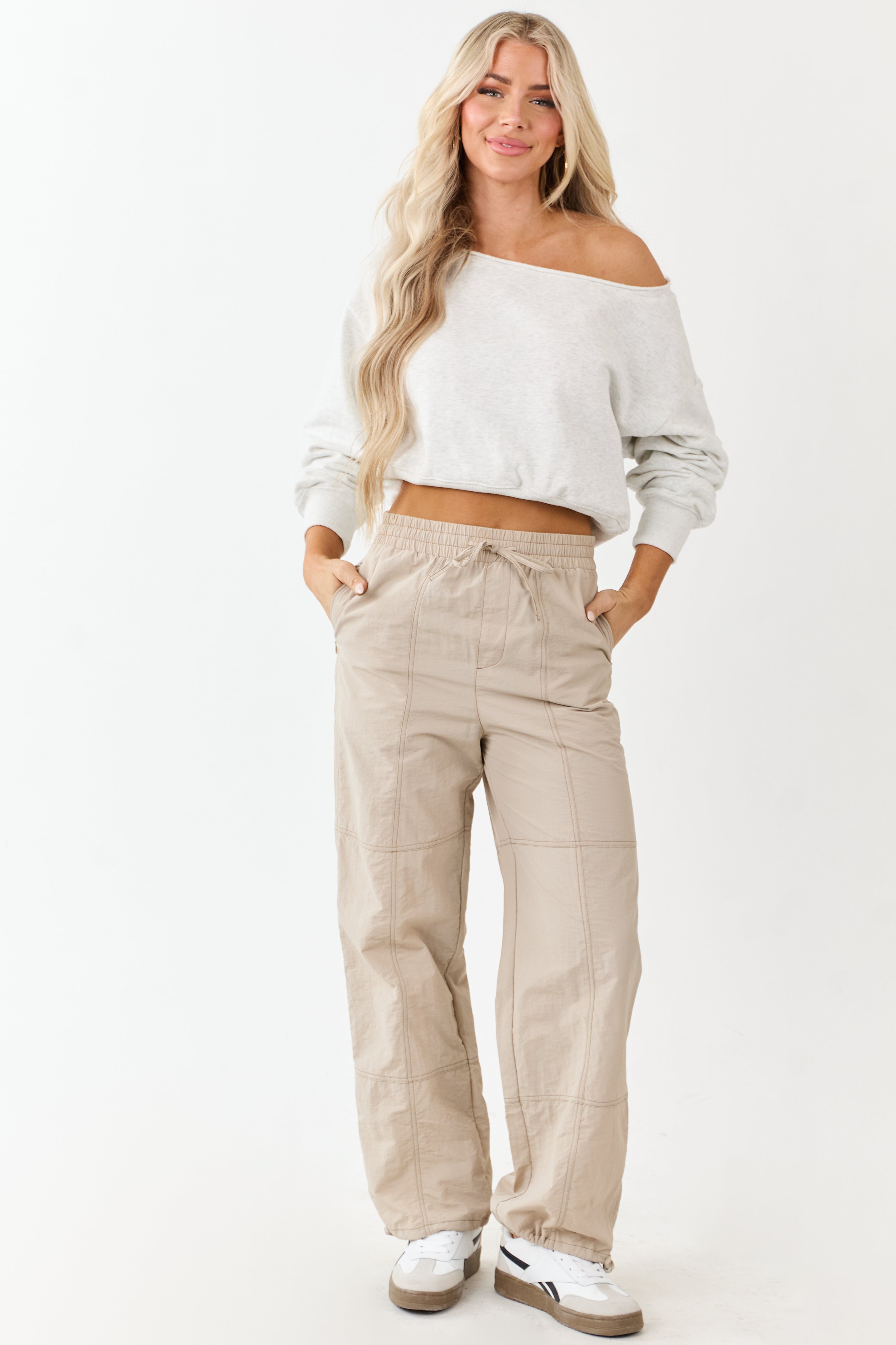 Almond Contrast Stitch Wide Leg Drawstring Pants