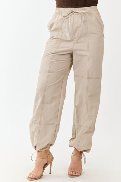 Almond Contrast Stitch Wide Leg Drawstring Pants