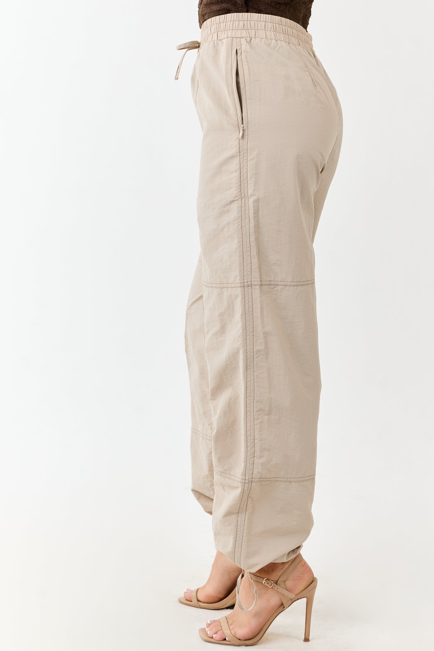 Almond Contrast Stitch Wide Leg Drawstring Pants