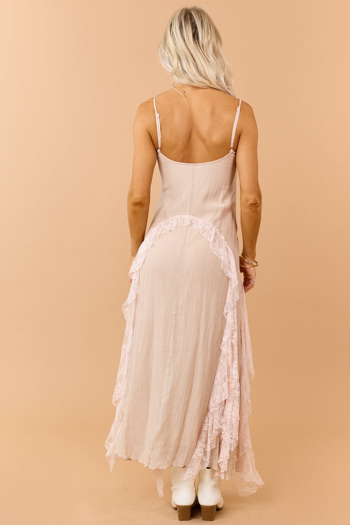 Almond Crinkle Textured Lace Contrast Maxi Dress