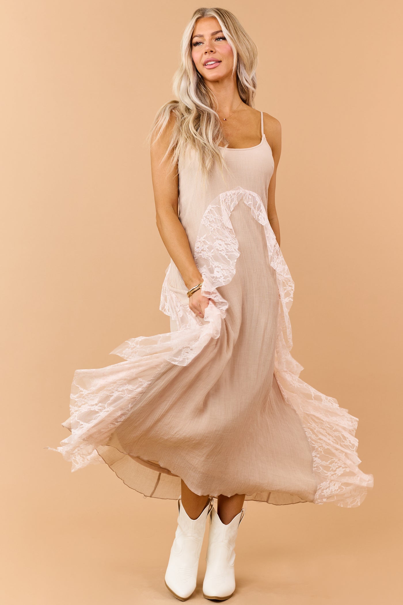 Almond Crinkle Textured Lace Contrast Maxi Dress