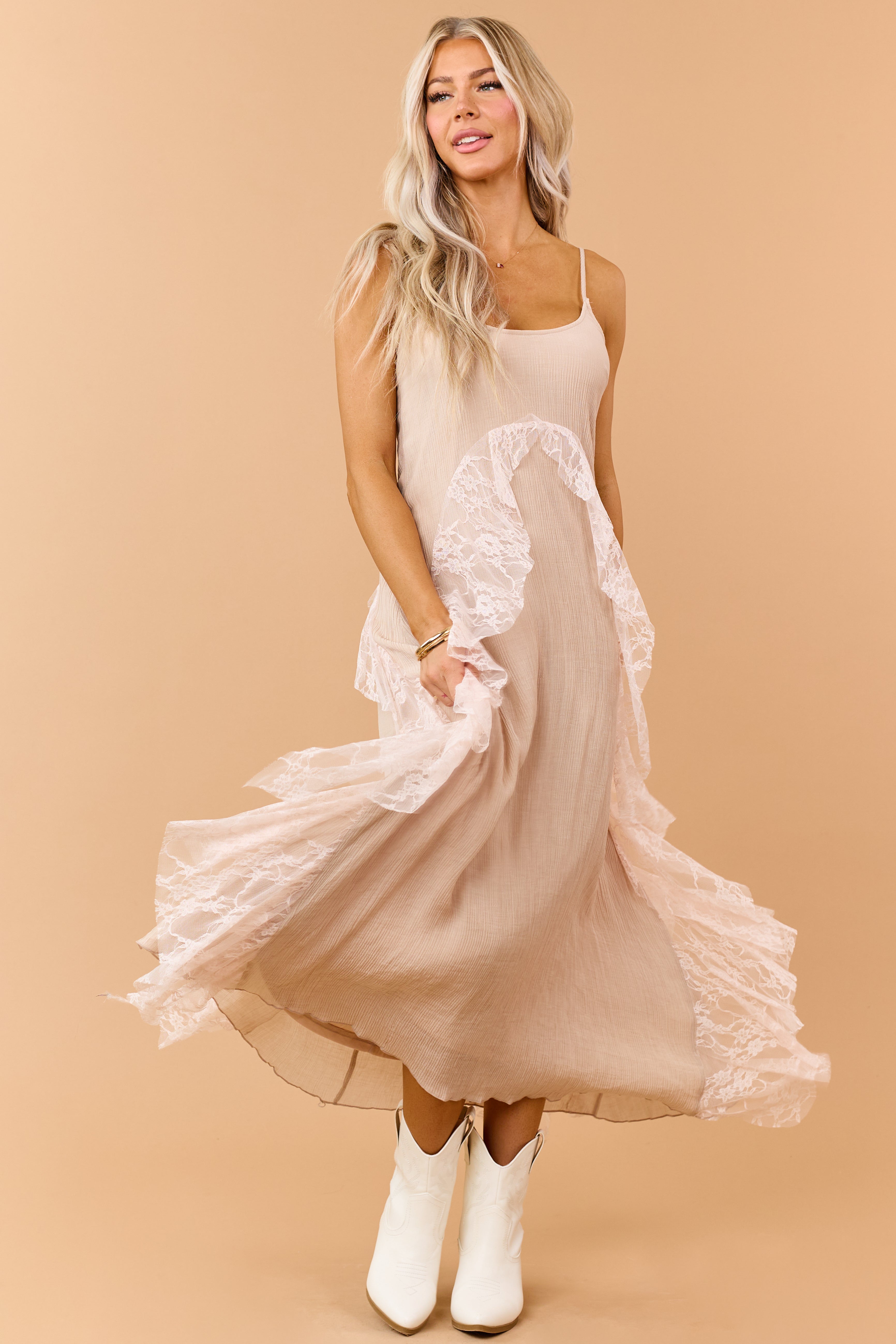 Almond Crinkle Textured Lace Contrast Maxi Dress