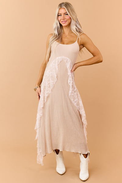 Almond Crinkle Textured Lace Contrast Maxi Dress