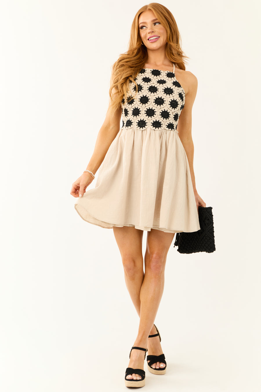 Almond Crochet Top Short Dress