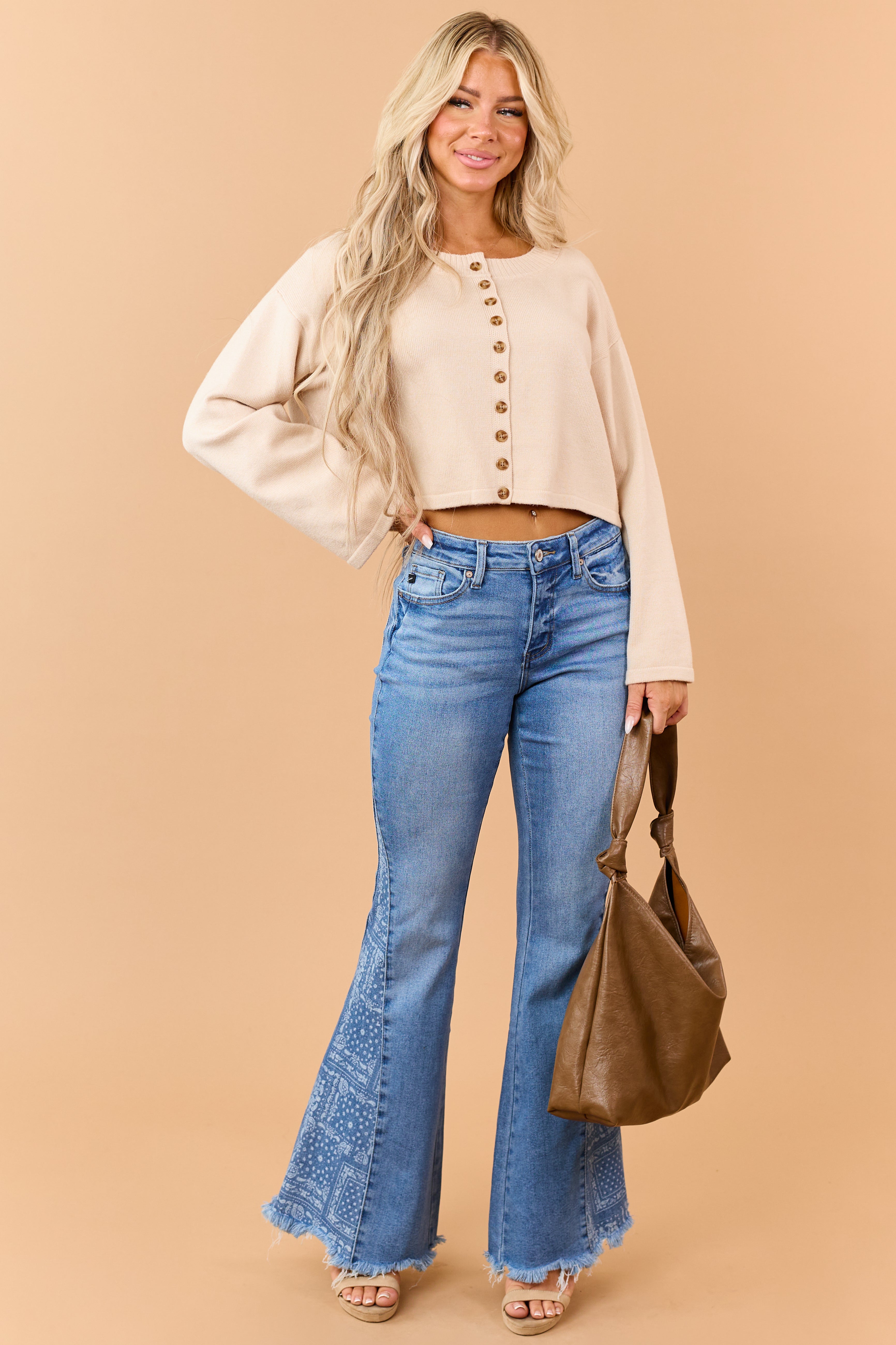 Almond Cropped Button Down Soft Knit Cardigan