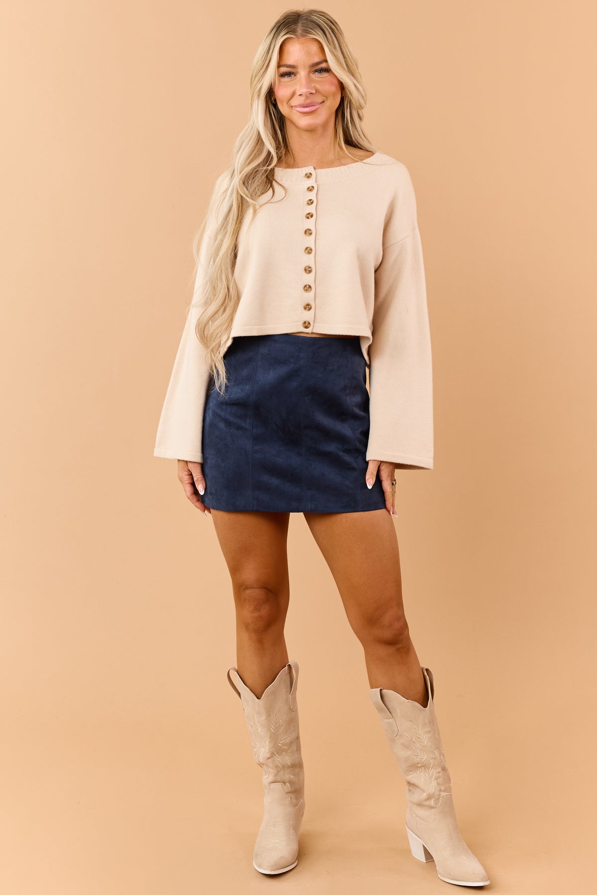 Almond Cropped Button Down Soft Knit Cardigan