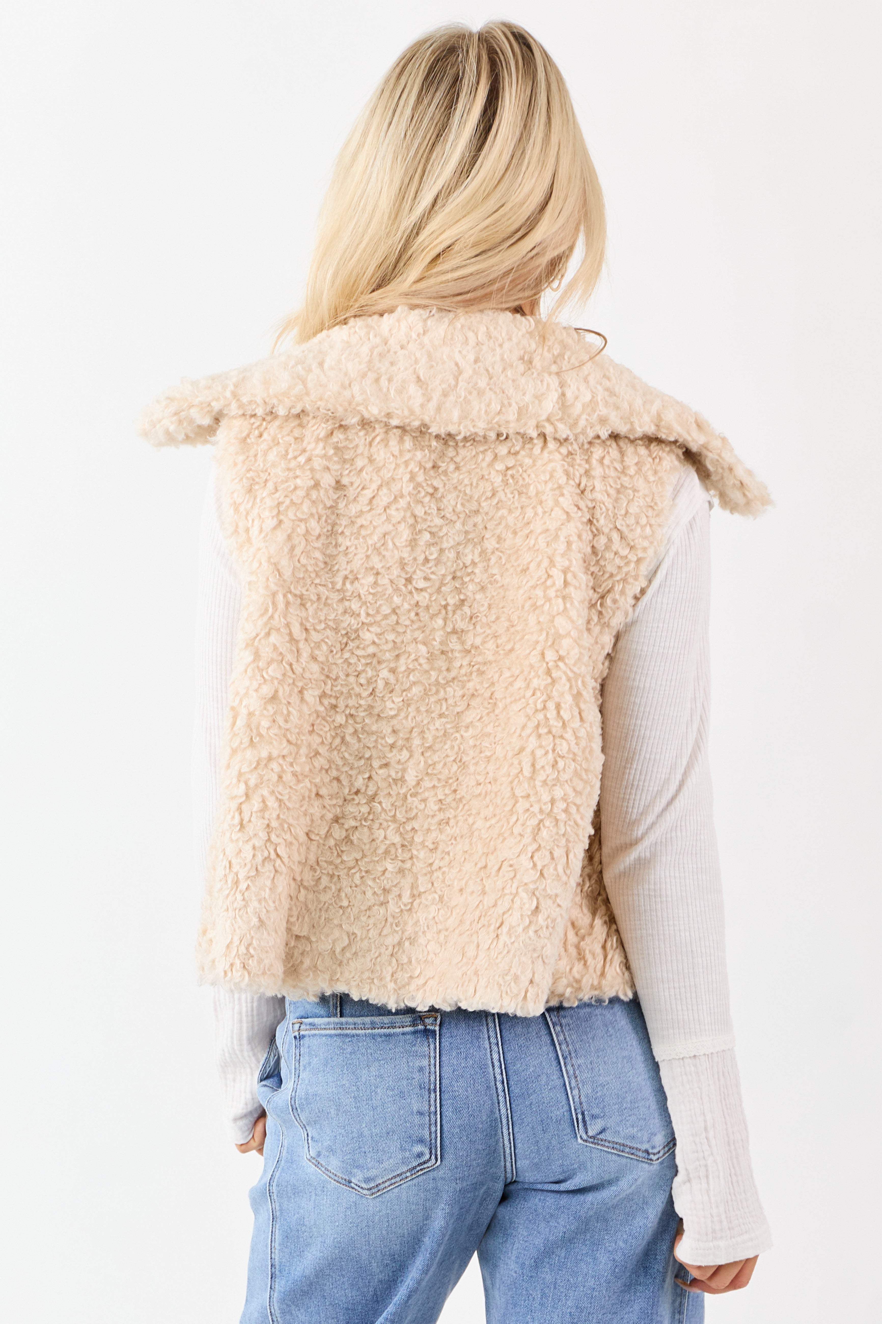 Almond Curly Sherpa Hidden Button Down Vest
