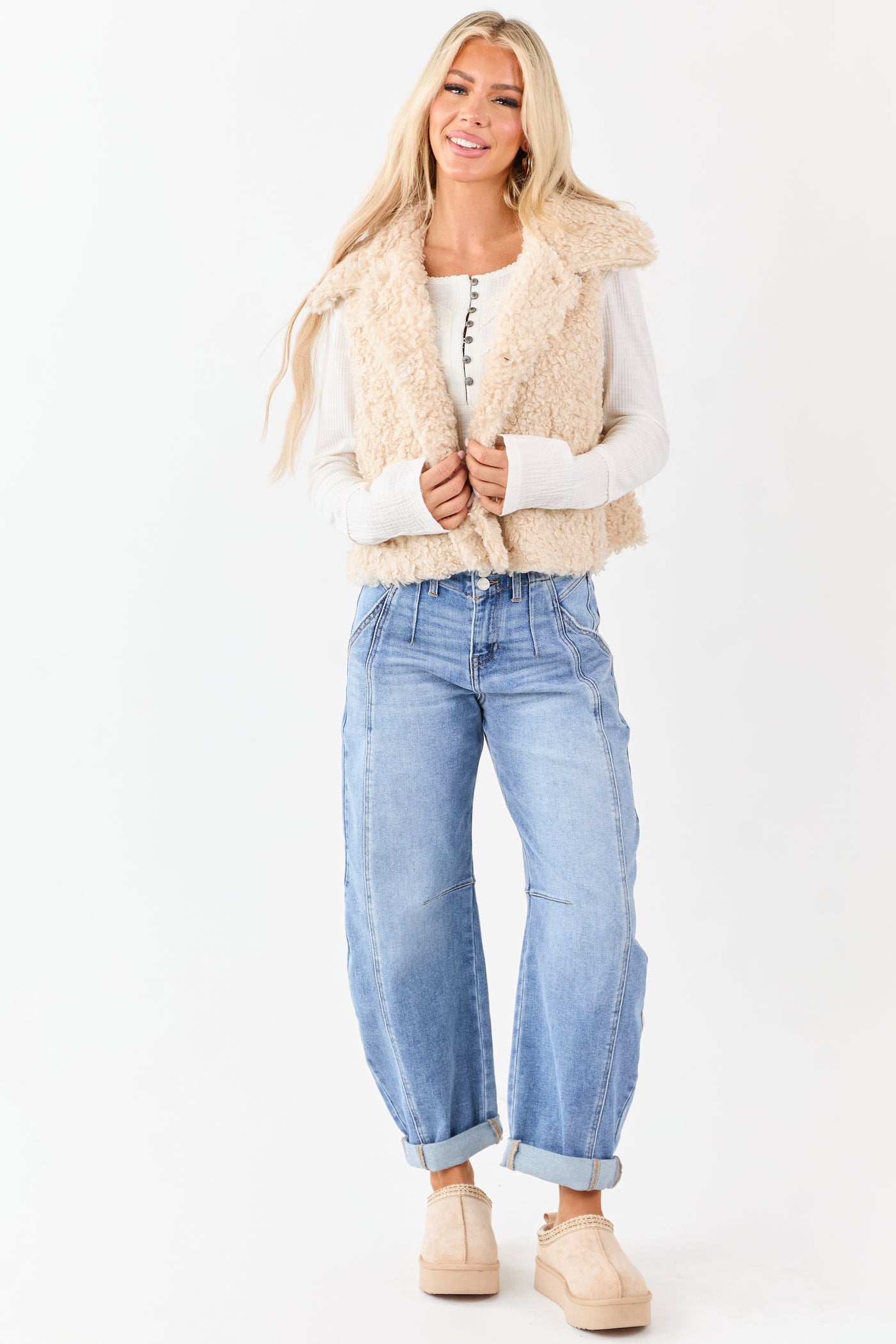 Almond Curly Sherpa Hidden Button Down Vest