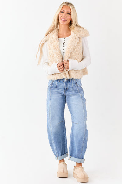 Almond Curly Sherpa Hidden Button Down Vest
