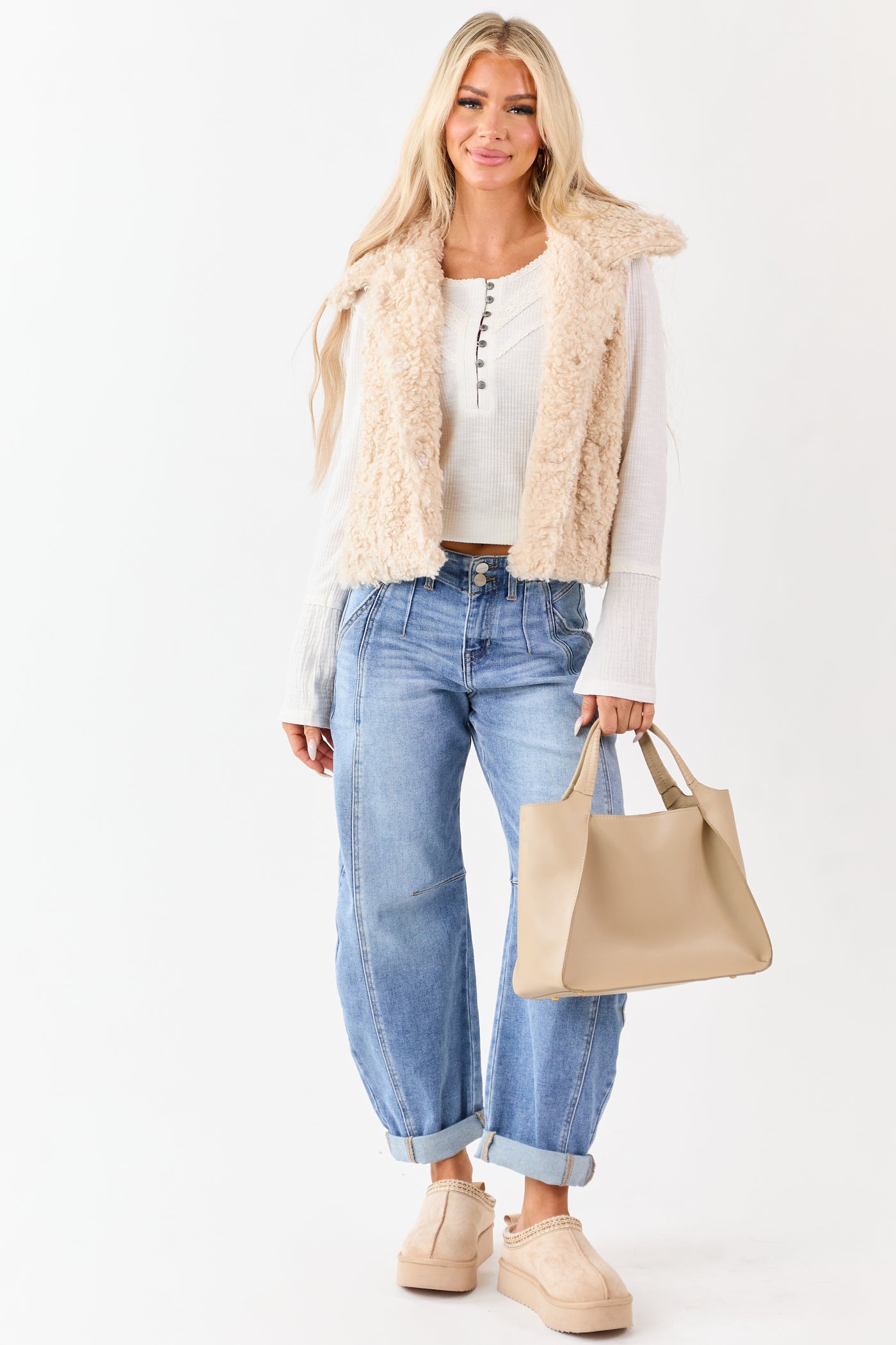 Almond Curly Sherpa Hidden Button Down Vest