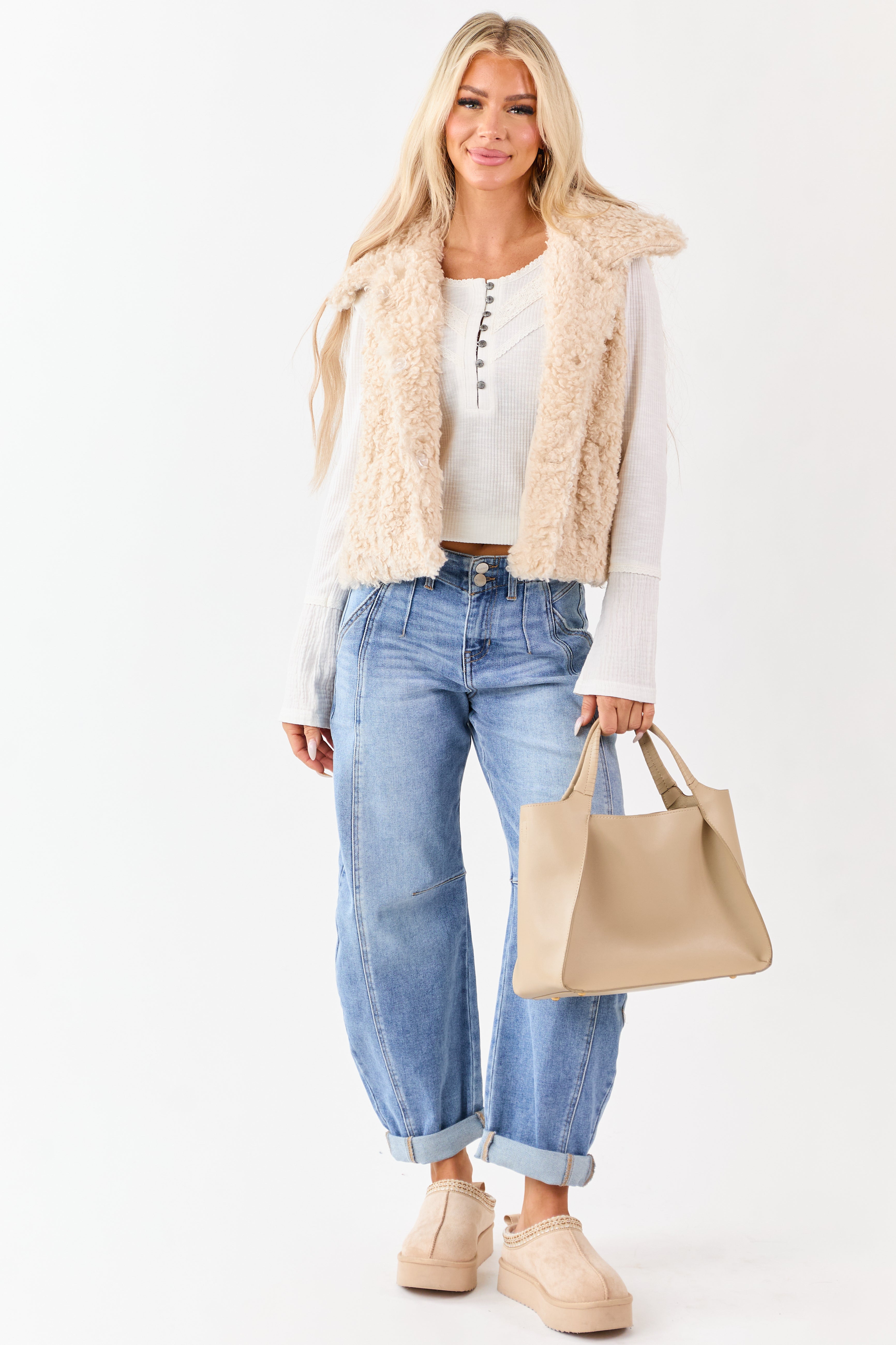 Almond Curly Sherpa Hidden Button Down Vest