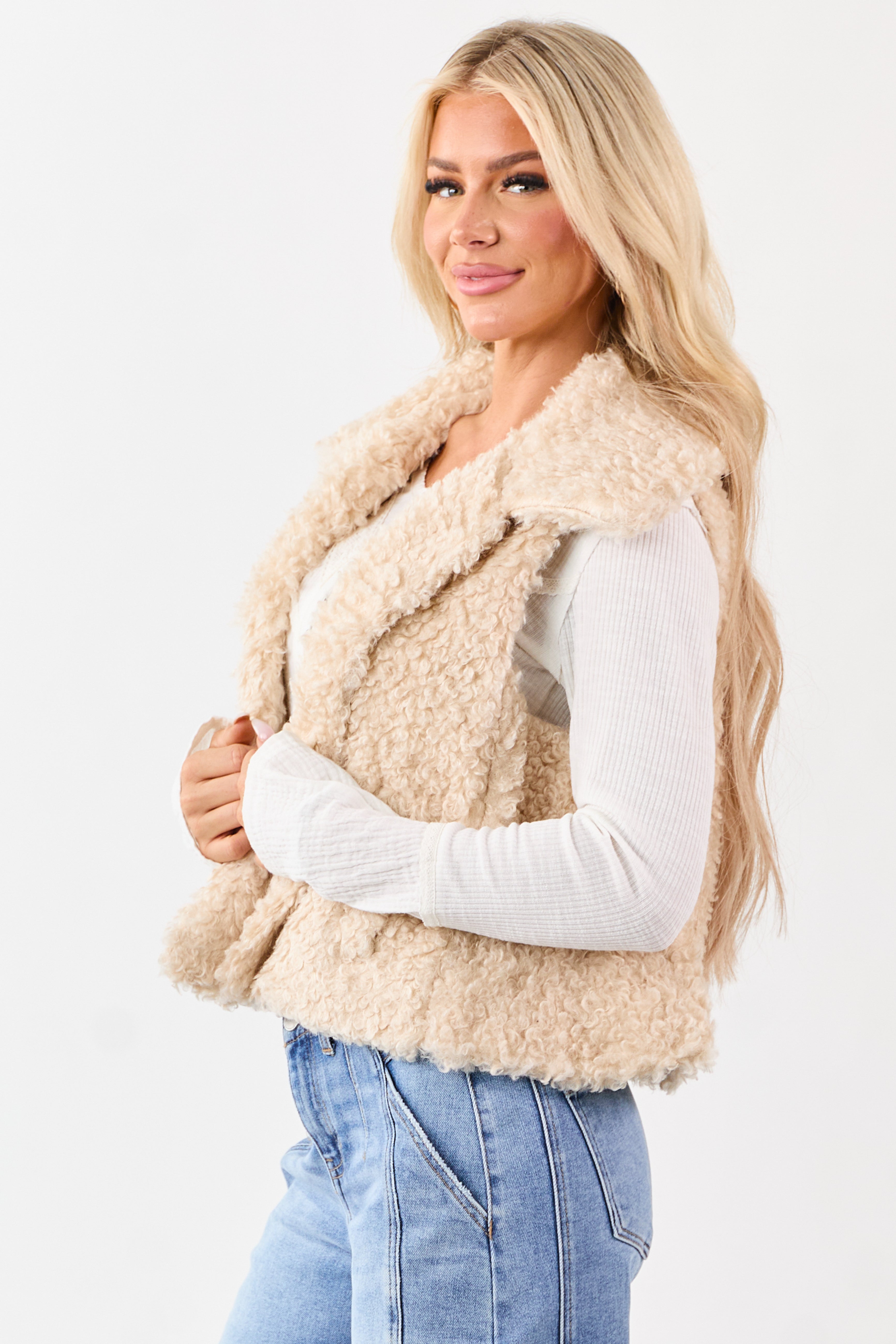 Almond Curly Sherpa Hidden Button Down Vest
