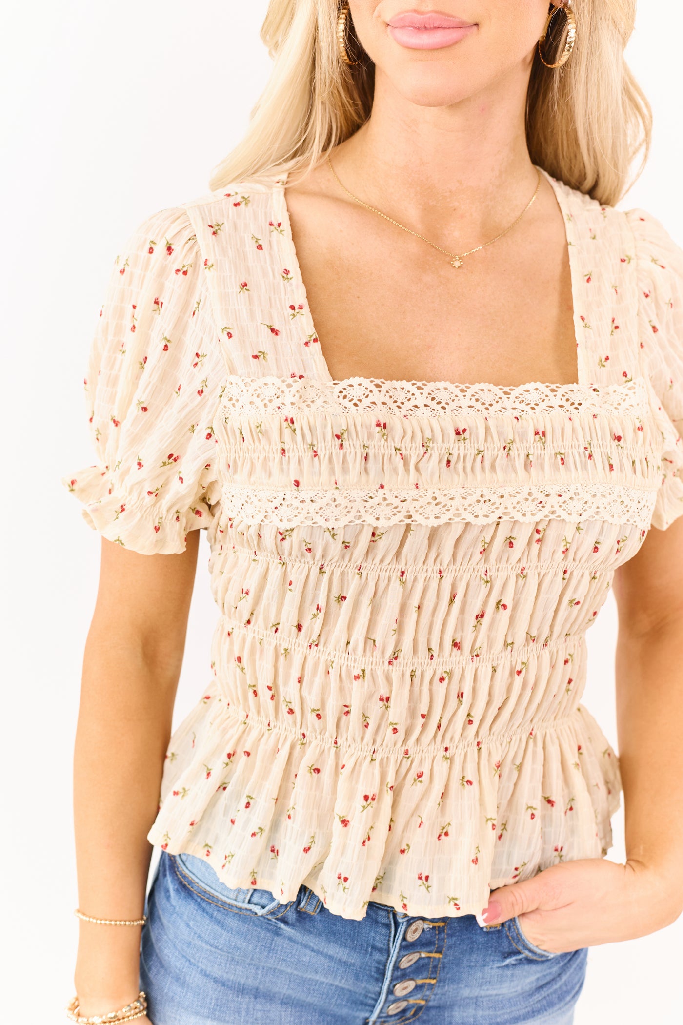 Almond Ditsy Floral Print Smocked Chiffon Top