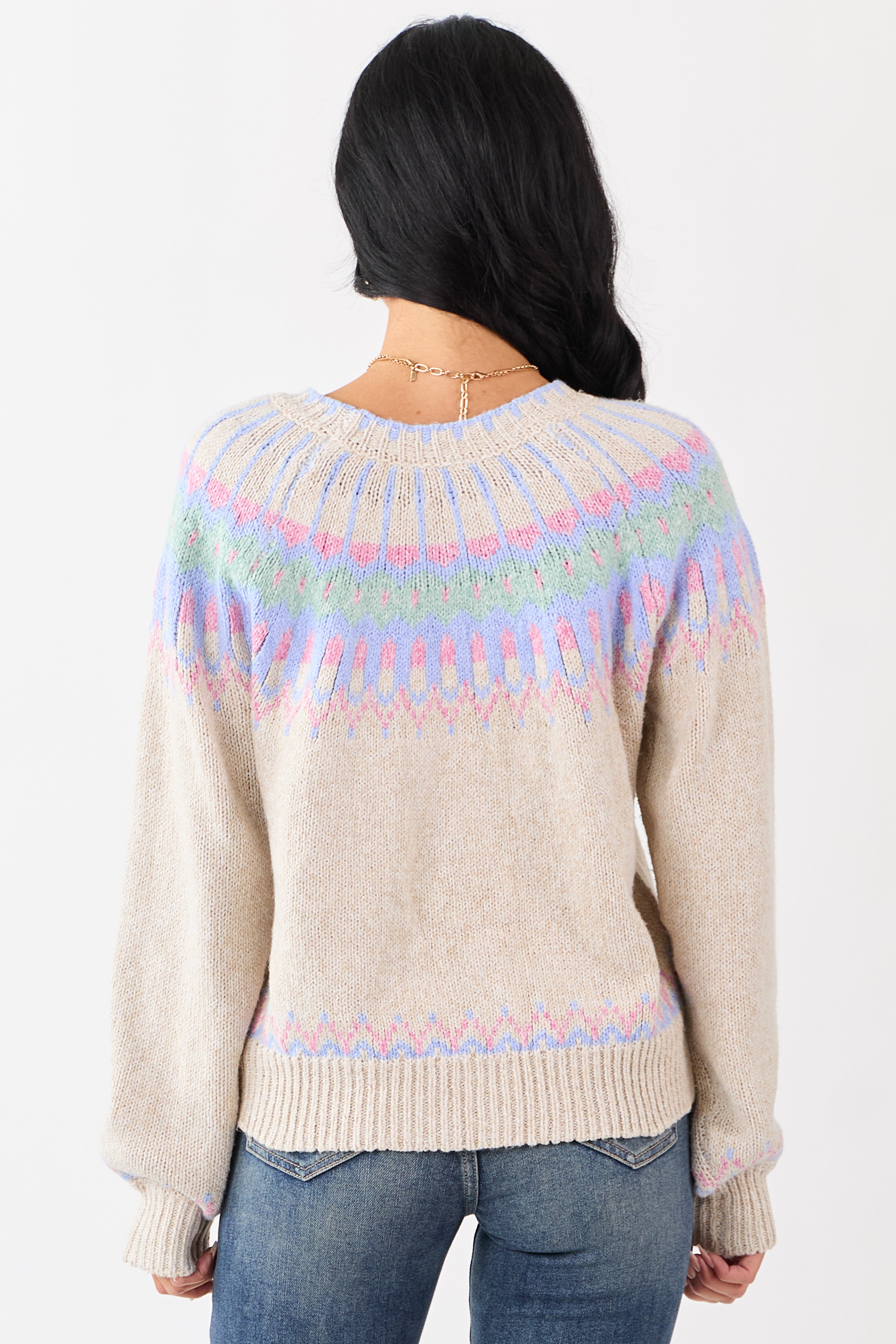 Almond Fair Isle Ribbed Trim Long Sleeve Sweater