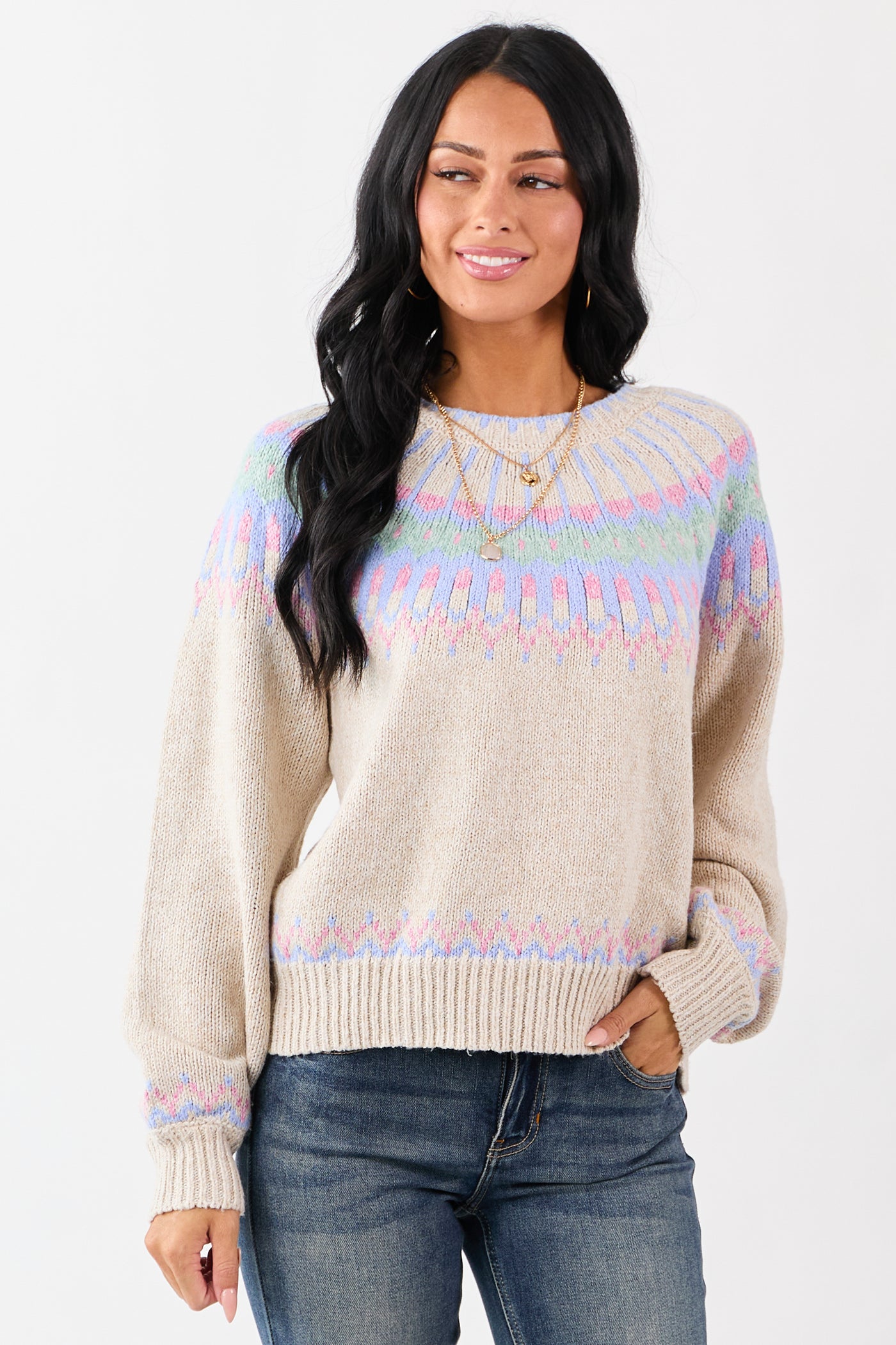 Almond Fair Isle Ribbed Trim Long Sleeve Sweater