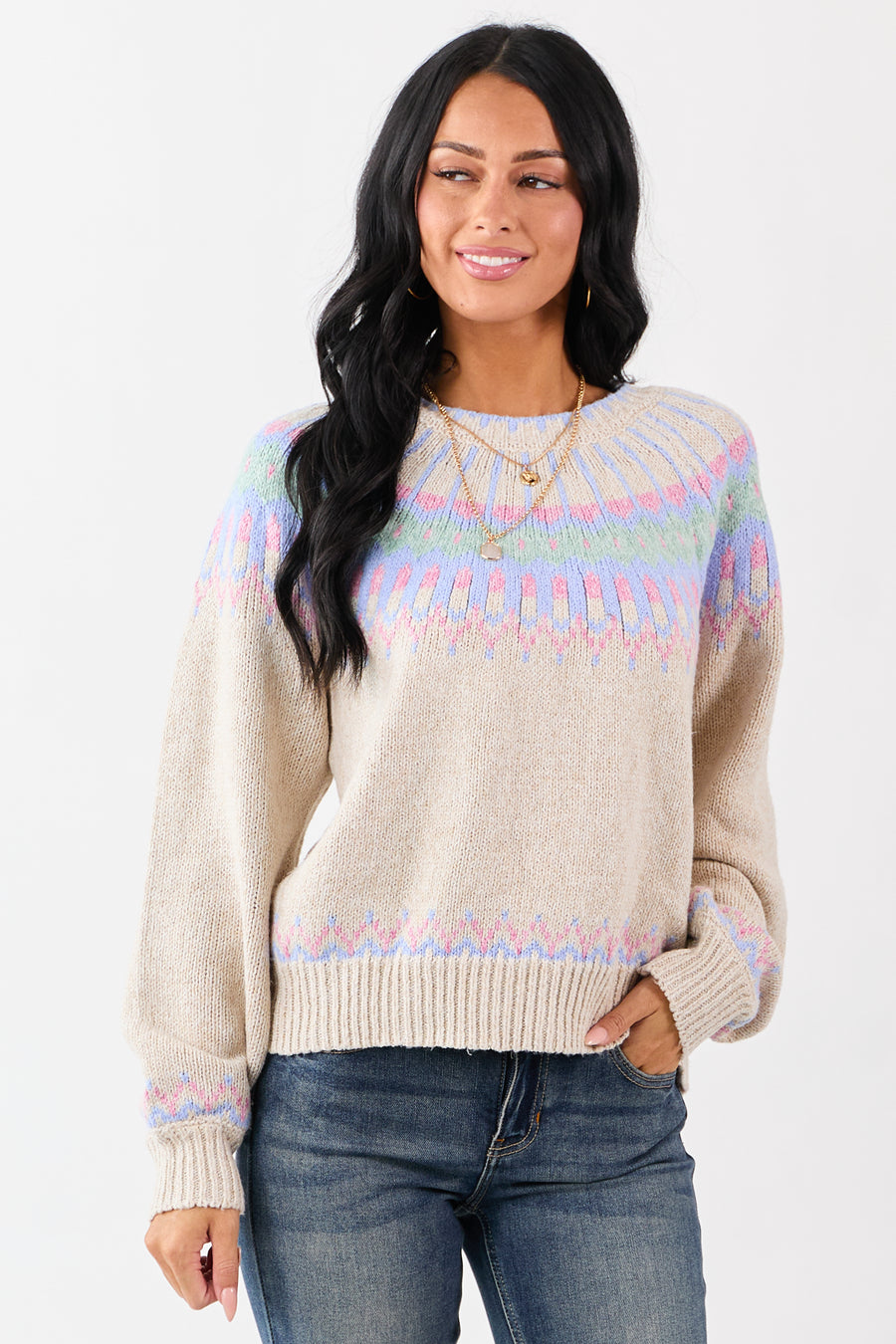 Almond Fair Isle Ribbed Trim Long Sleeve Sweater
