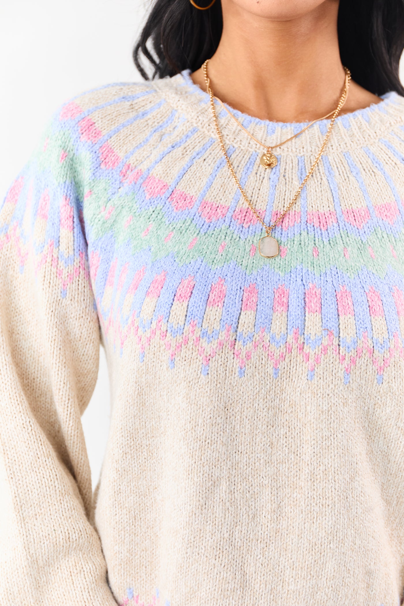 Almond Fair Isle Ribbed Trim Long Sleeve Sweater