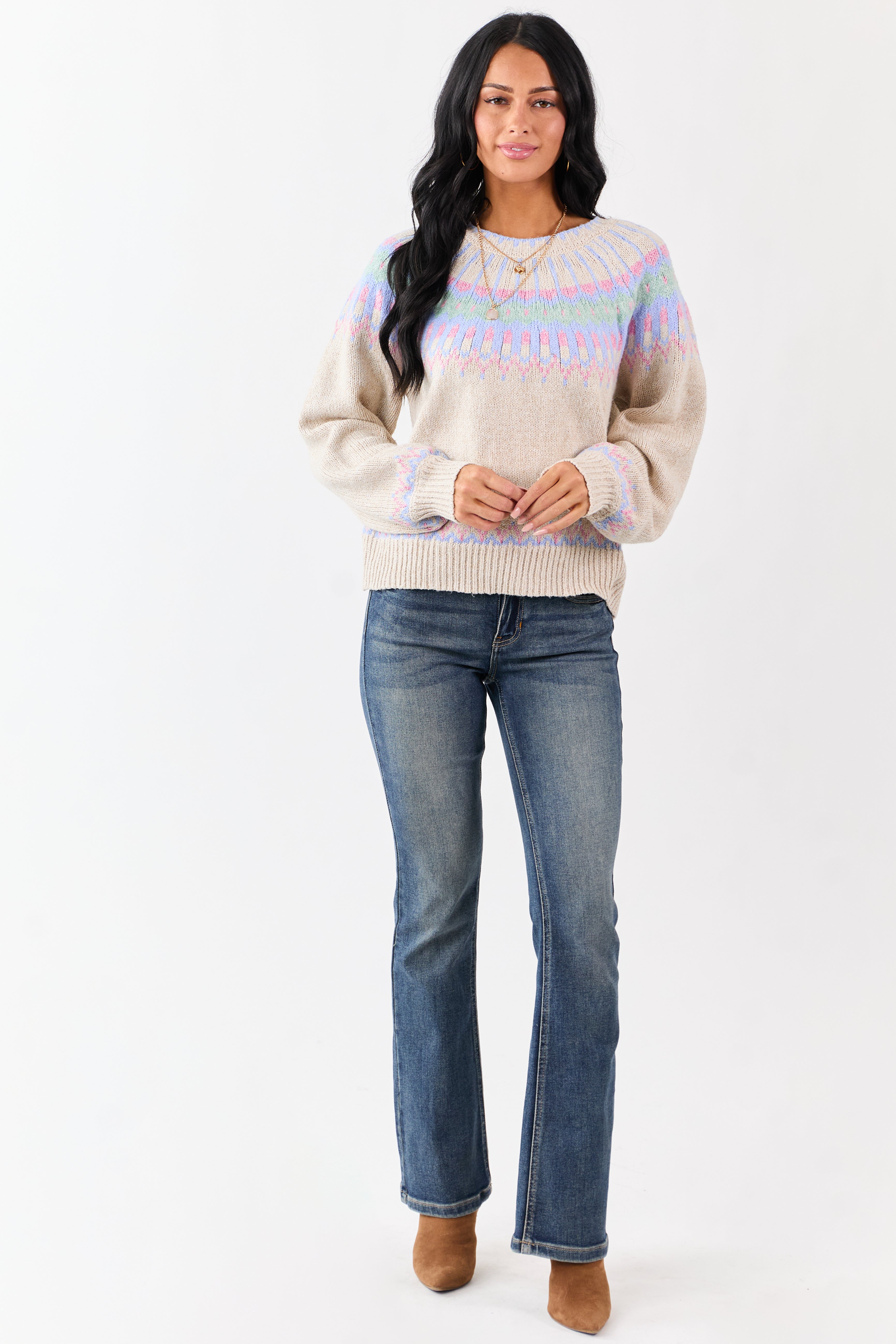 Almond Fair Isle Ribbed Trim Long Sleeve Sweater