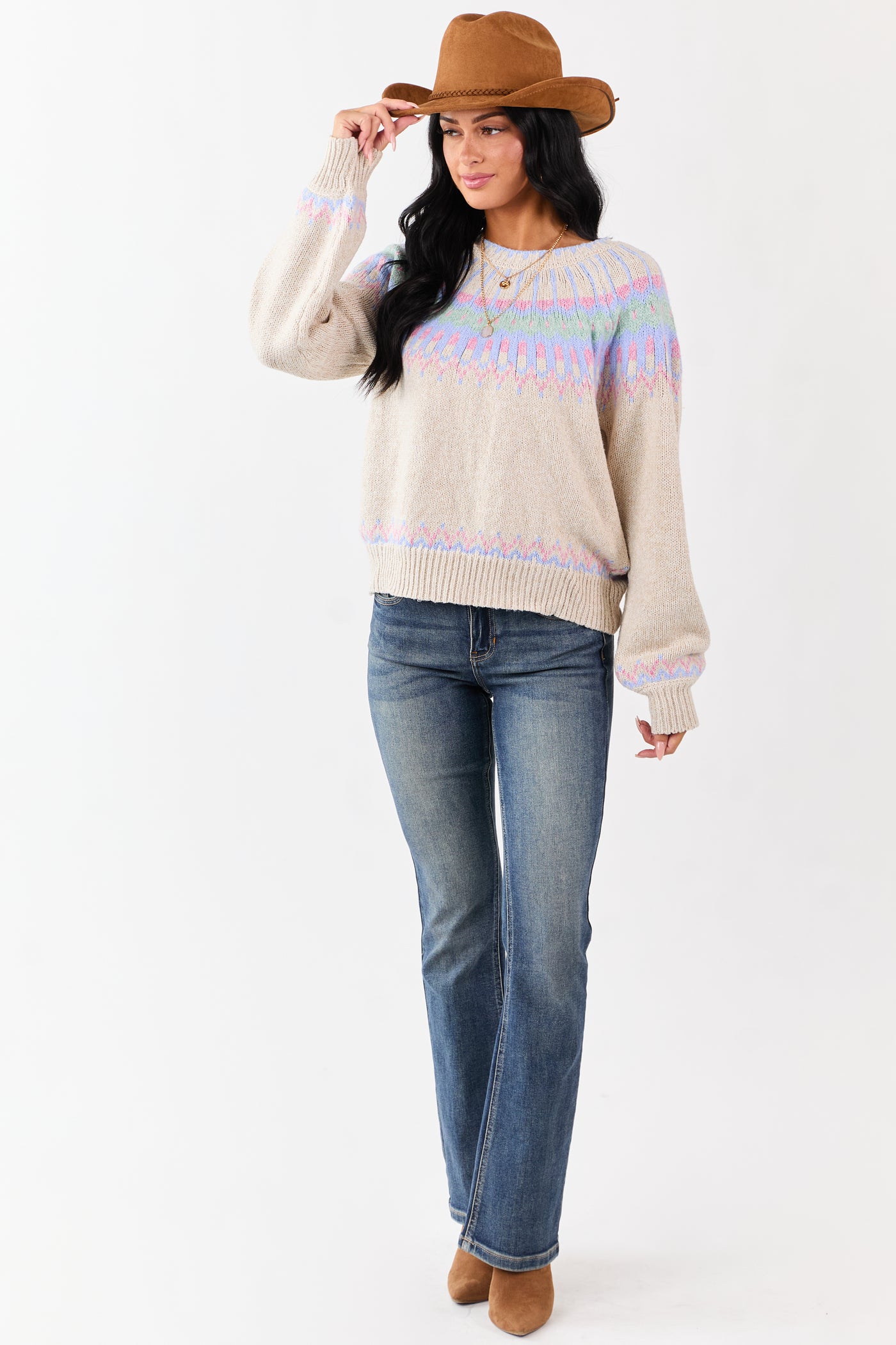 Almond Fair Isle Ribbed Trim Long Sleeve Sweater