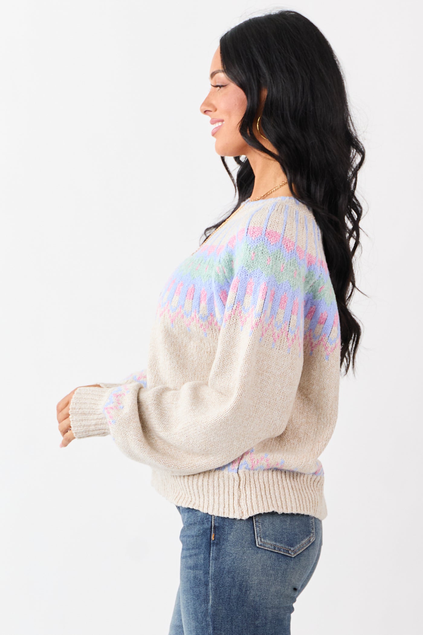 Almond Fair Isle Ribbed Trim Long Sleeve Sweater