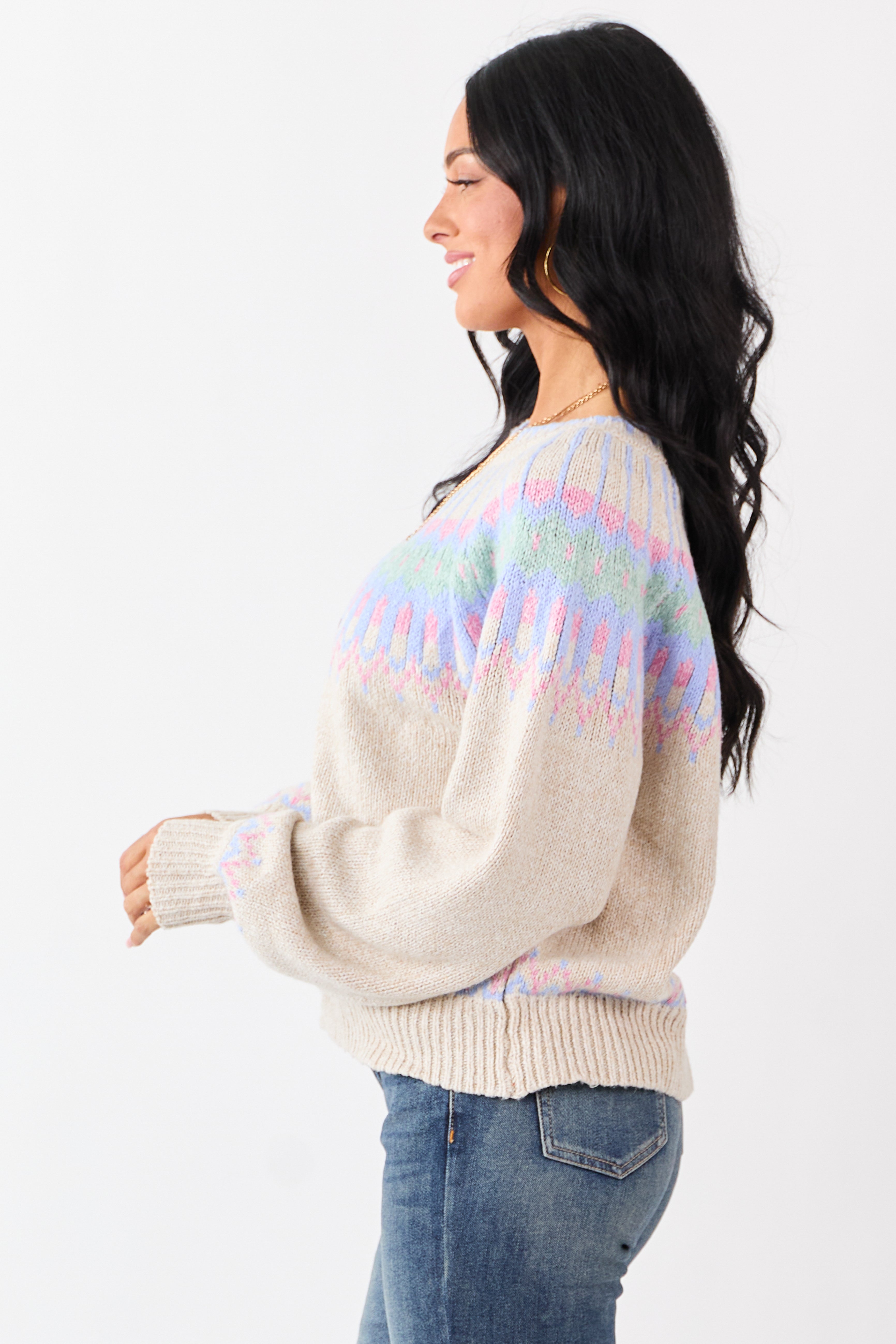 Almond Fair Isle Ribbed Trim Long Sleeve Sweater