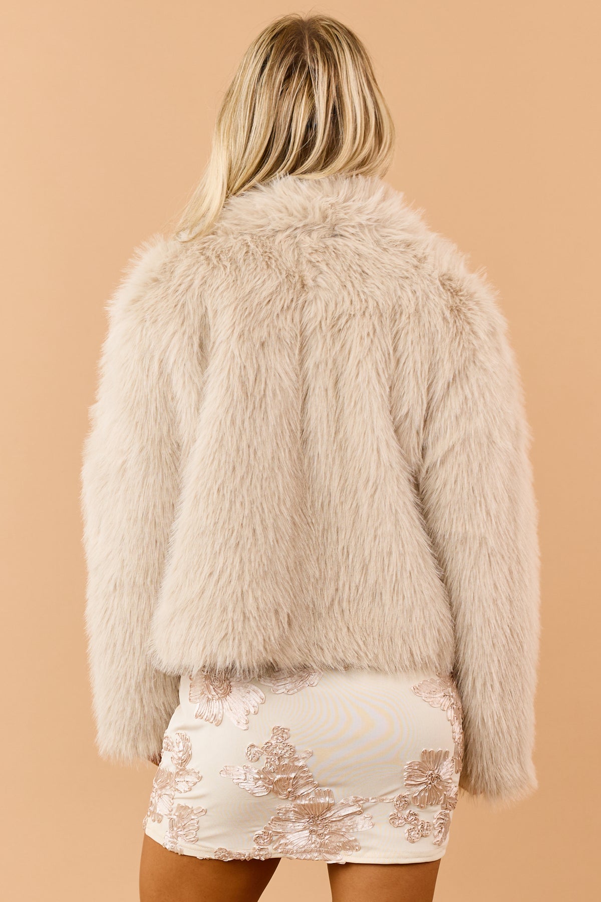 Almond Faux Fur Shawl Collar Hook Closure Coat