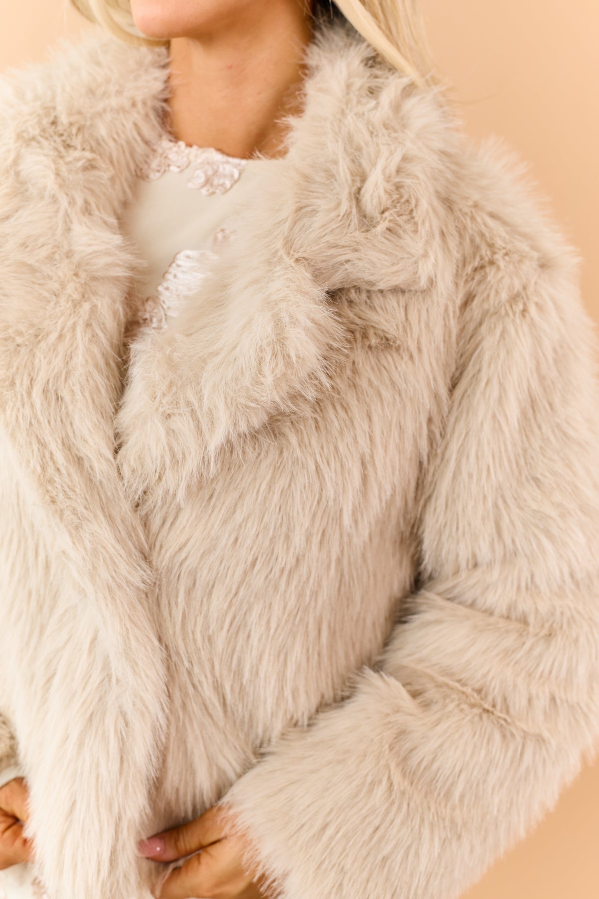 Almond Faux Fur Shawl Collar Hook Closure Coat